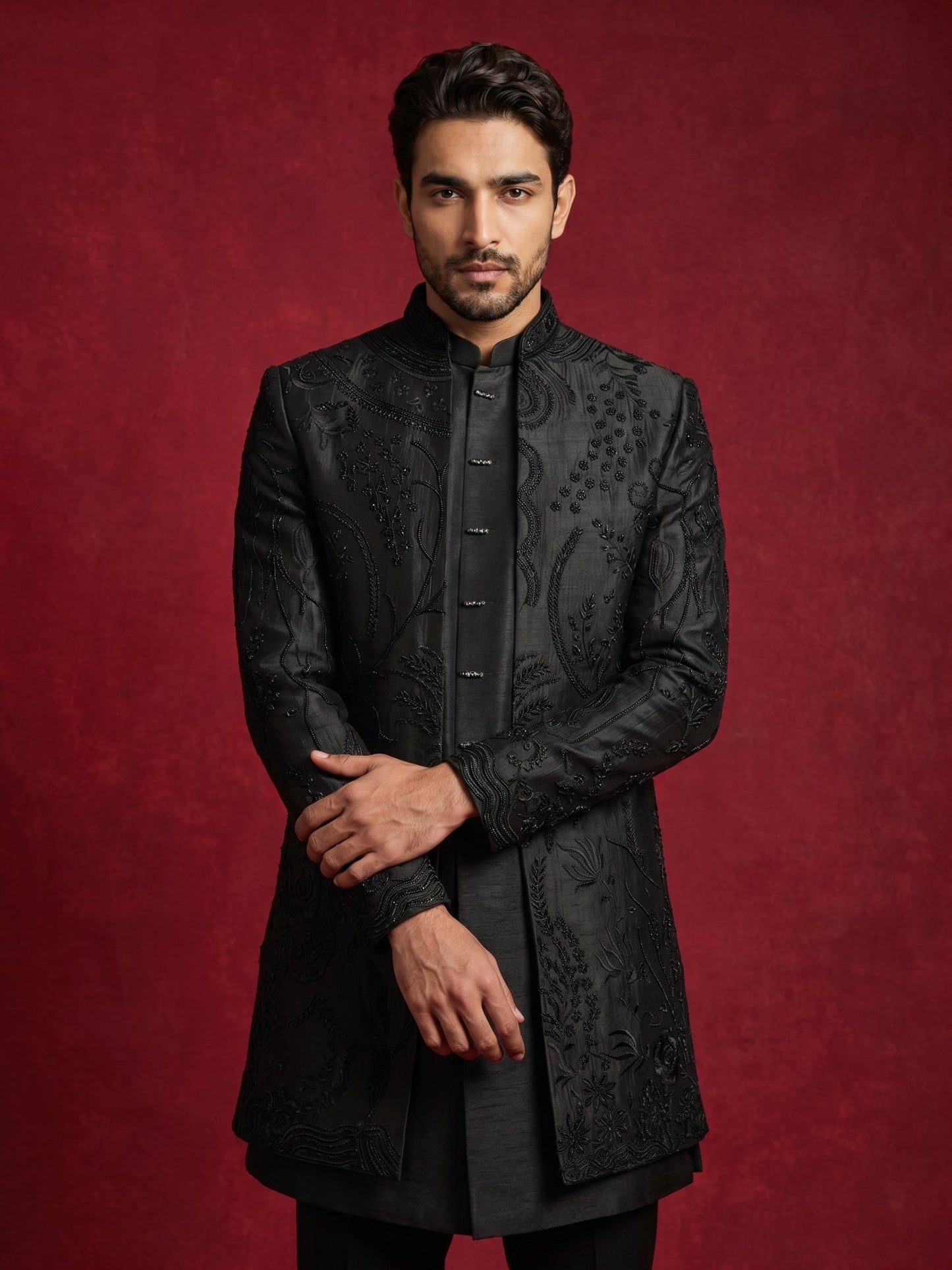Cotton Blend Embroidered Indo-Western Set for Men