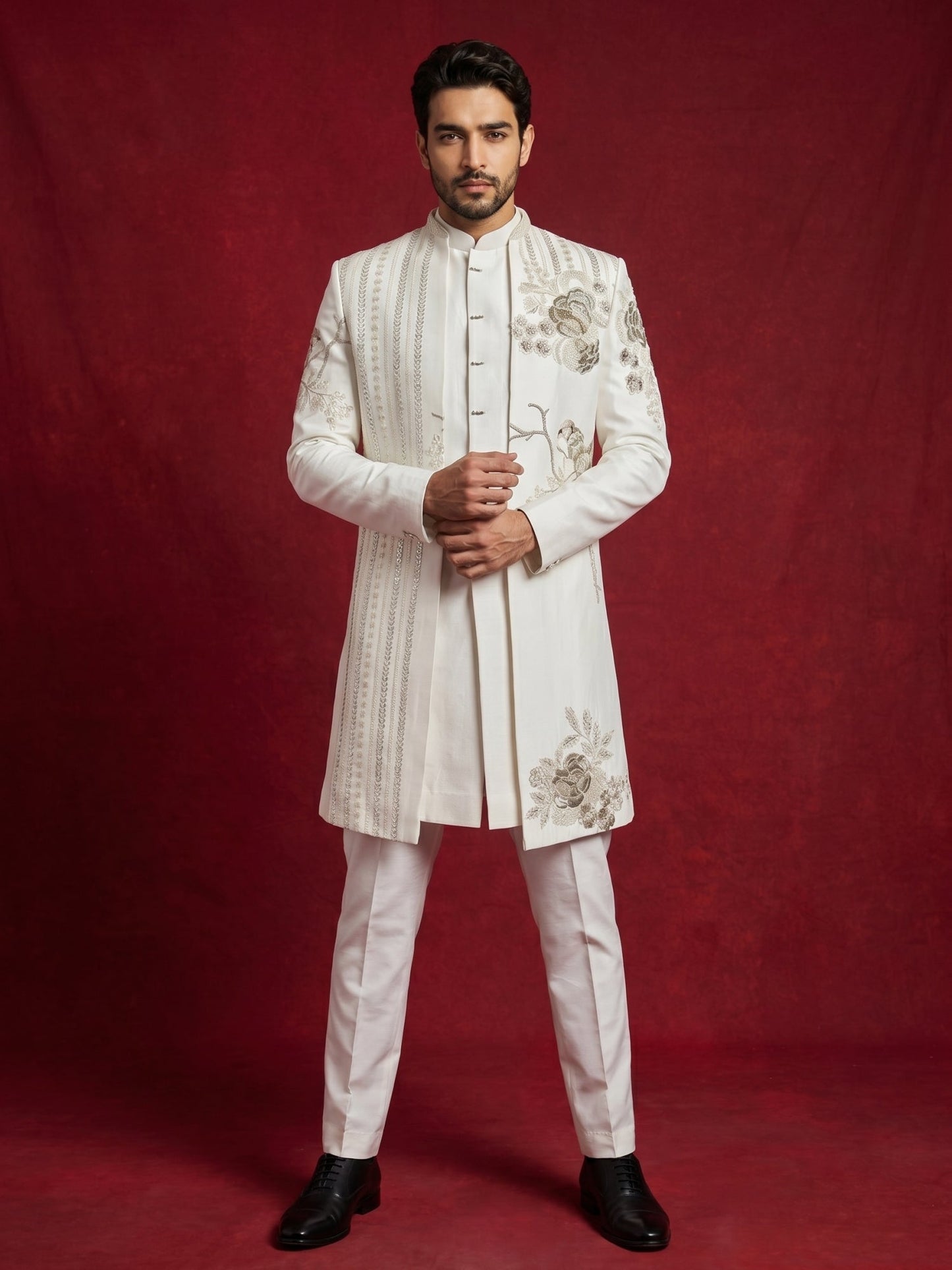 Off-White Embroidered Indo-Western Set for Men