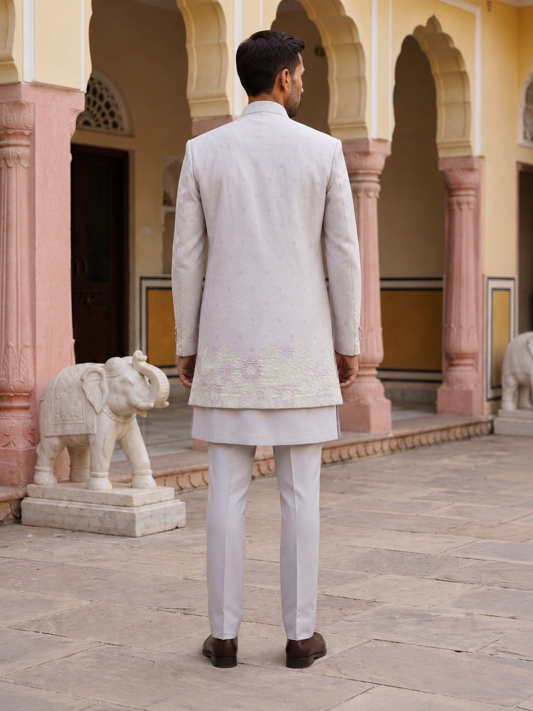 Floral Design Jacquard Silk Indo-Western Set for Men