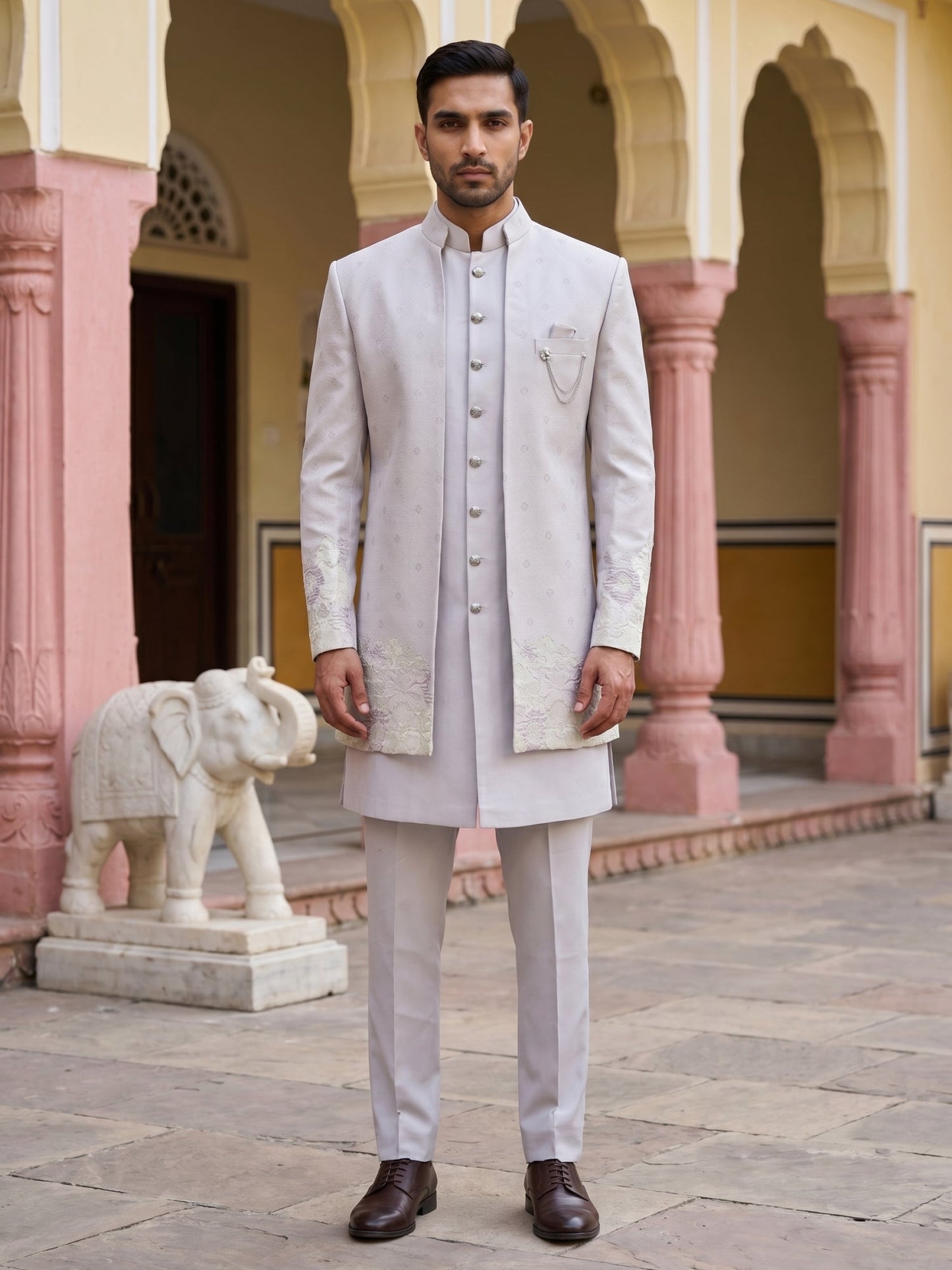 Floral Design Jacquard Silk Indo-Western Set for Men