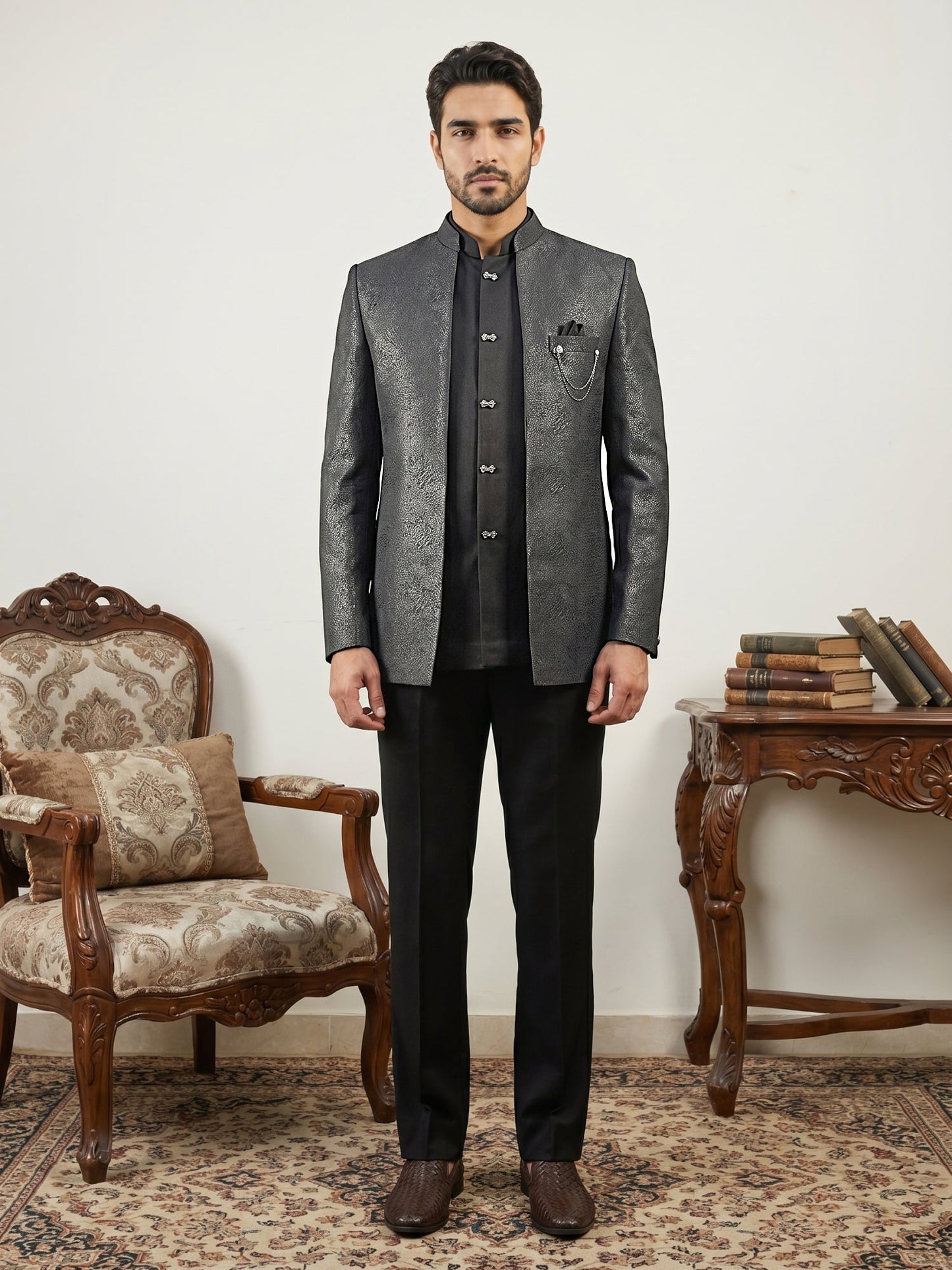 Men's Woven Design Indo-Western Set