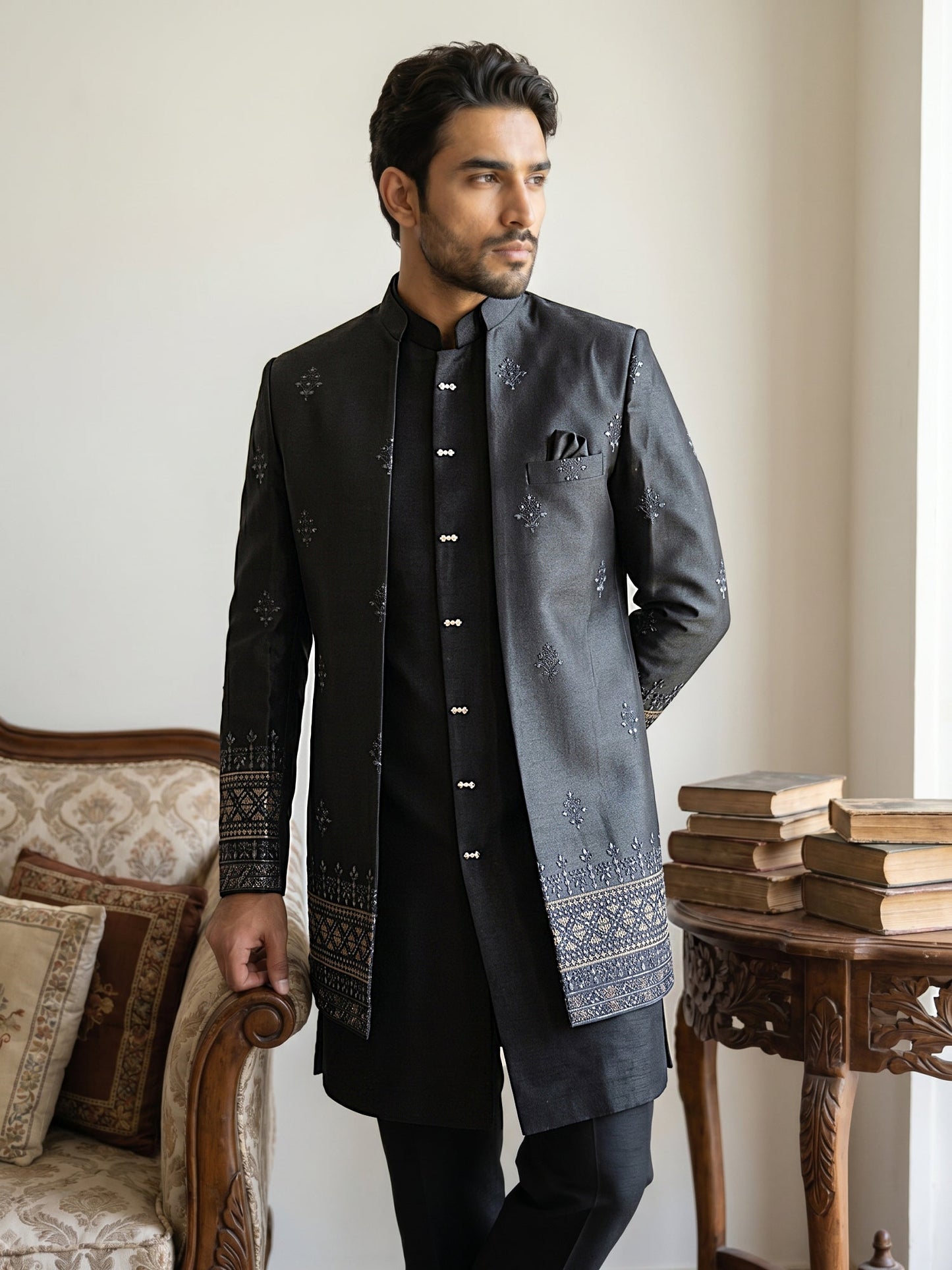 Men Embroidered Cotton Blend Indo-Western Set