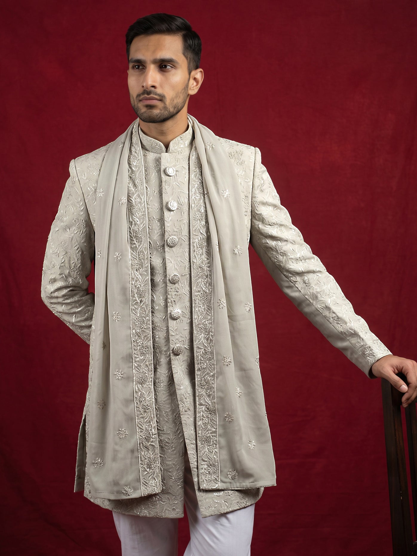 Men Silk Blend Embroidered Indo-Western Set ( 50JIND P5W 236Cream )