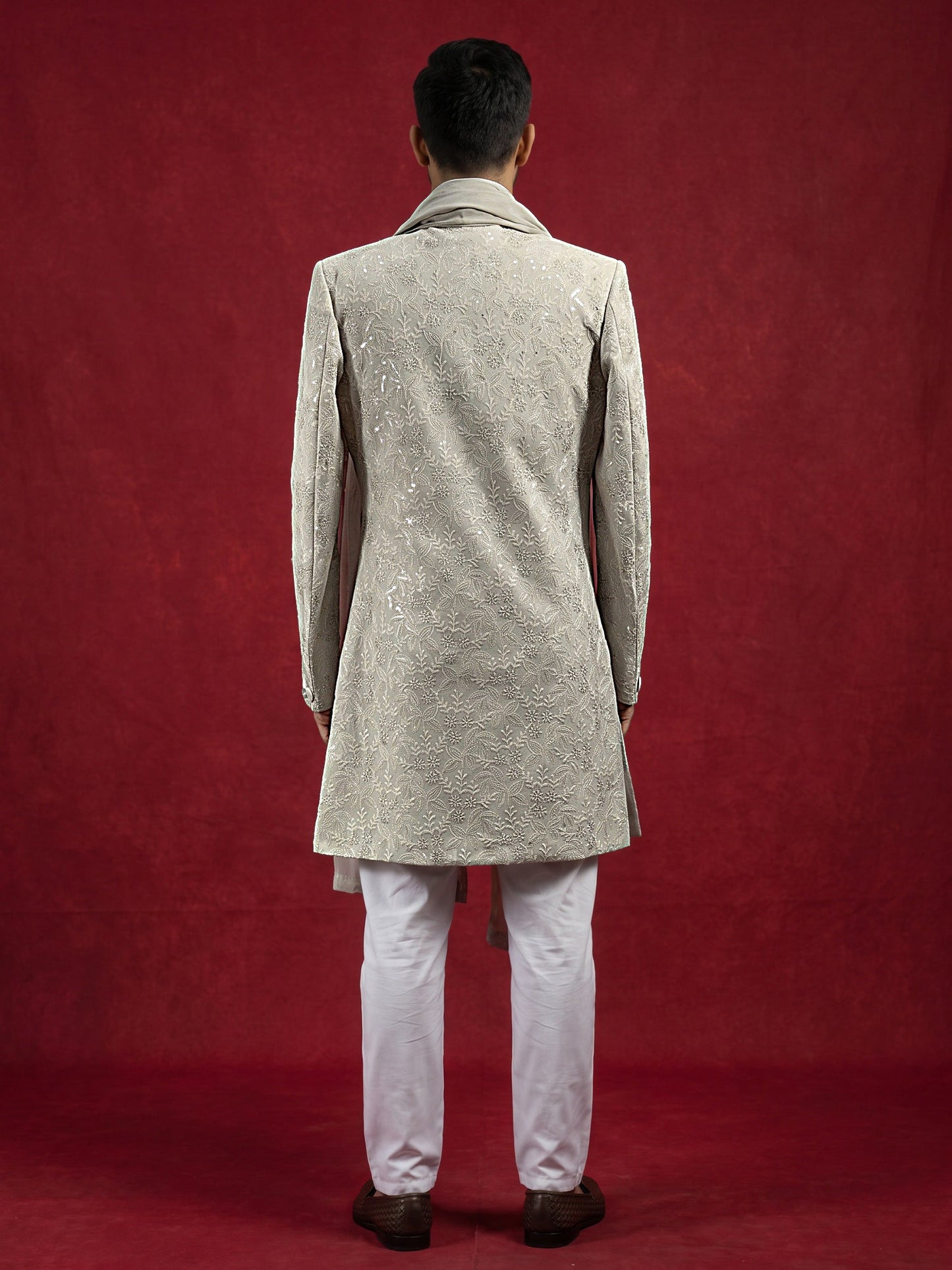 Men Silk Blend Embroidered Indo-Western Set ( 50JIND P5W 236Cream )