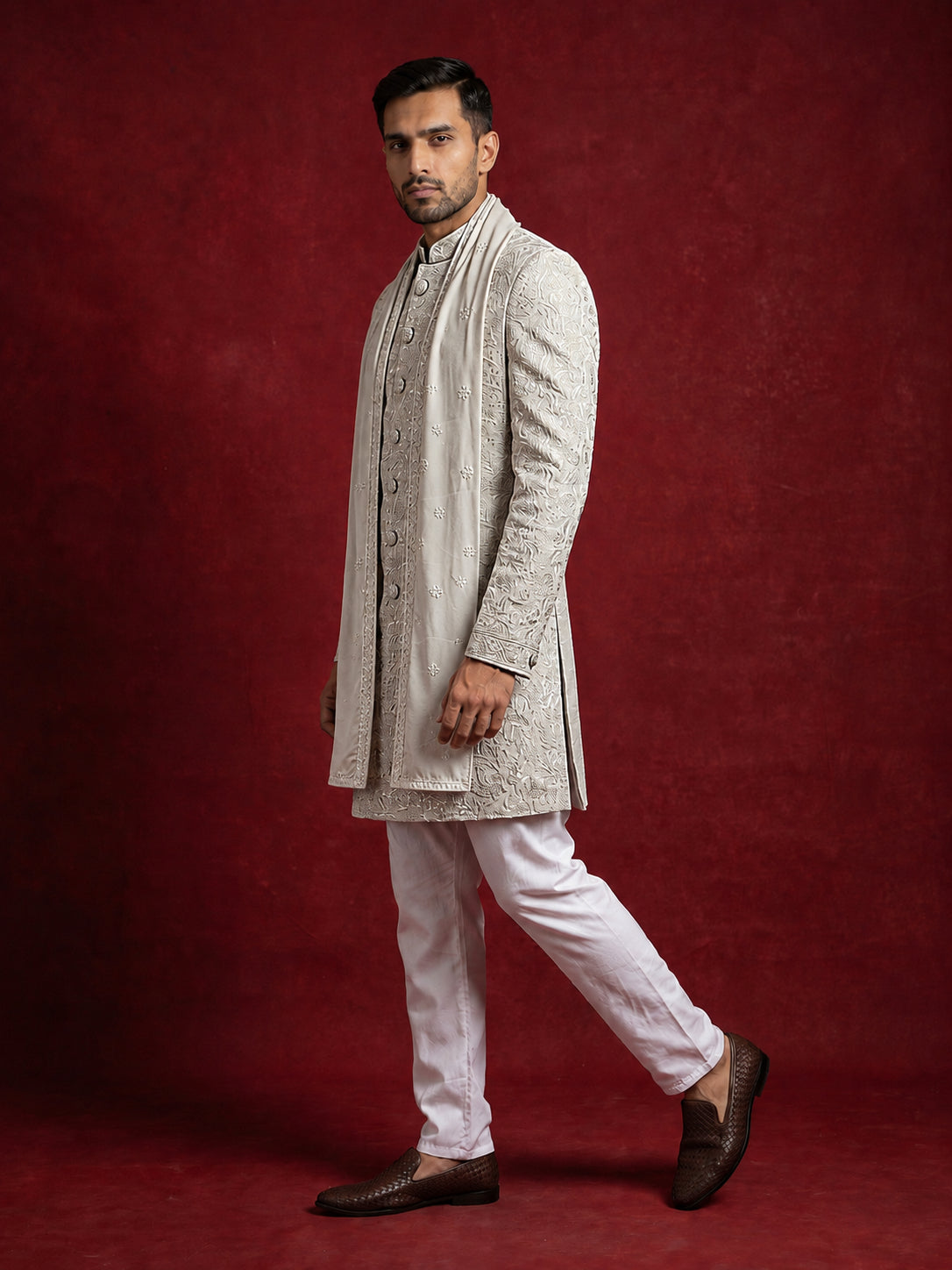 Men Silk Blend Embroidered Indo-Western Set ( 50JIND P5W 236Cream )