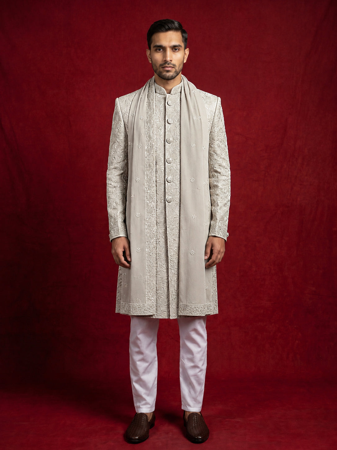 Men Silk Blend Embroidered Indo-Western Set ( 50JIND P5W 236Cream )