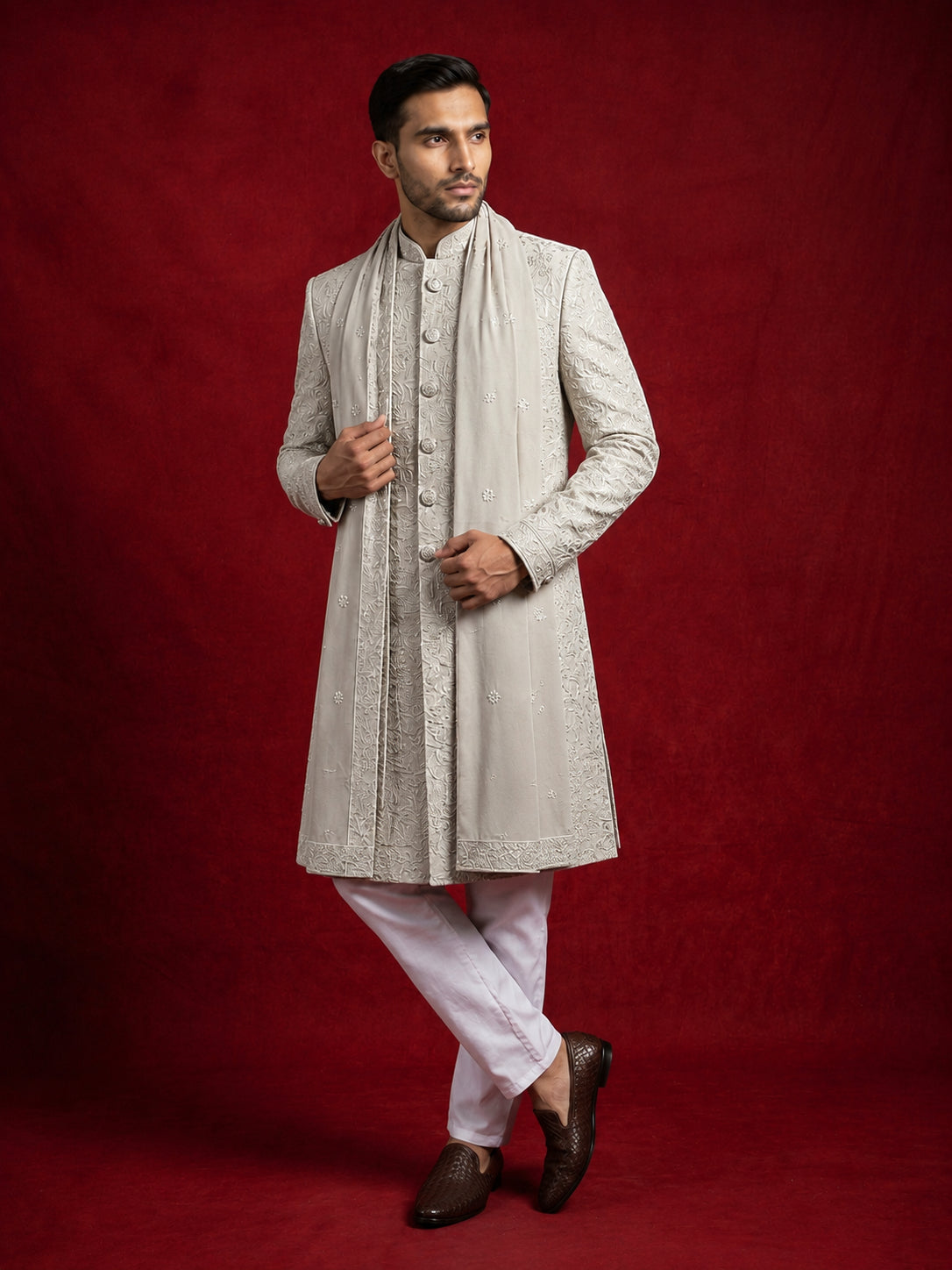 Men Silk Blend Embroidered Indo-Western Set ( 50JIND P5W 236Cream )