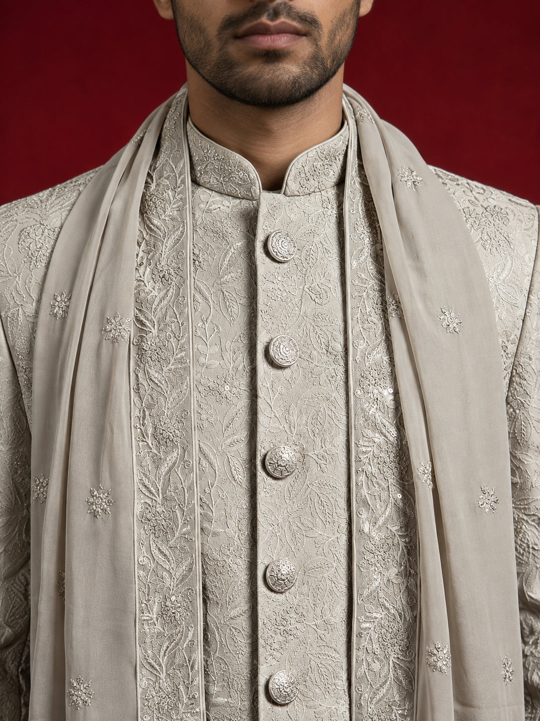 Men Silk Blend Embroidered Indo-Western Set ( 50JIND P5W 236Cream )