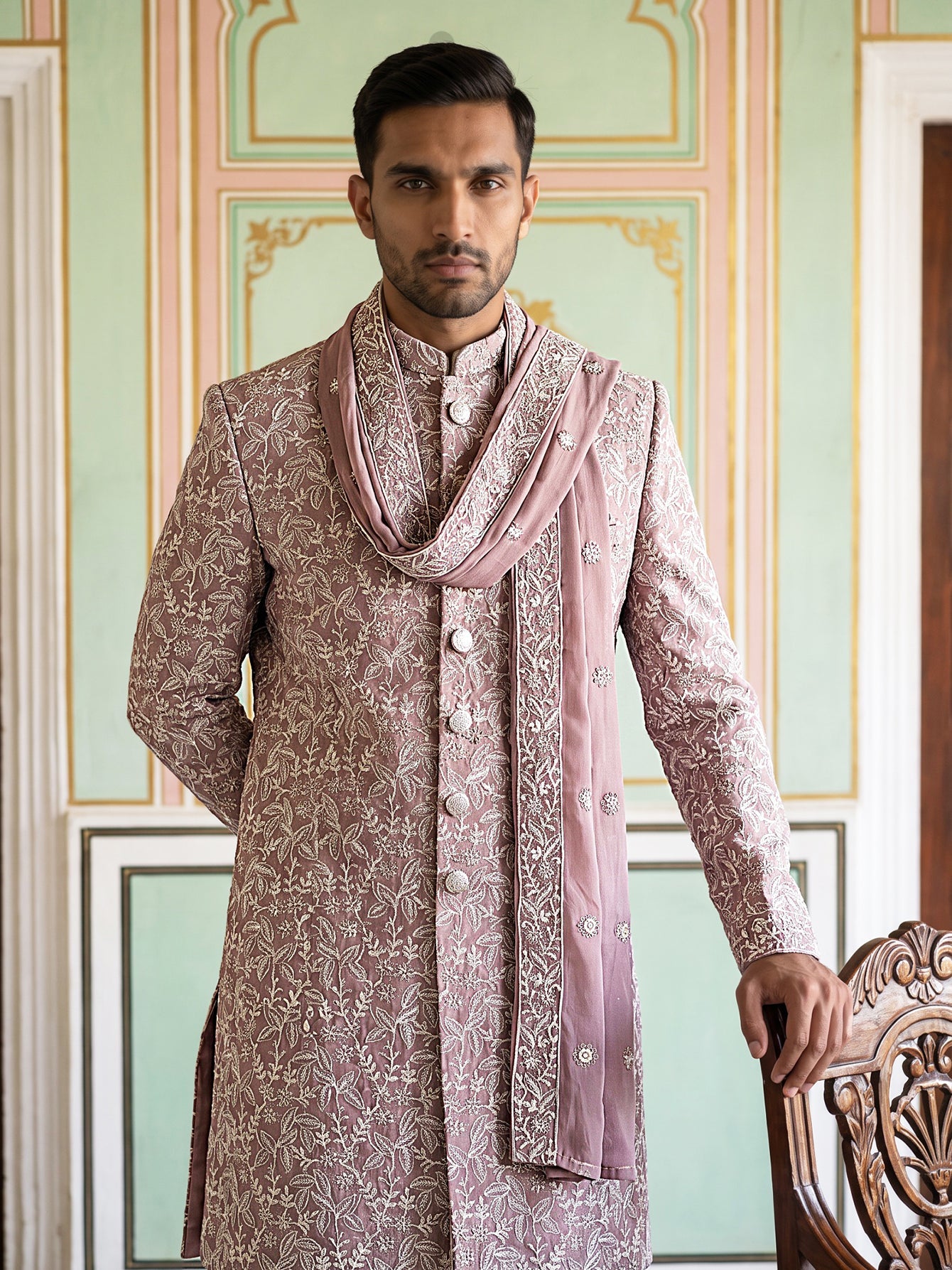Men Silk Blend Embroidered Indo-Western Set ( 50JIND P5W 236Magenta )