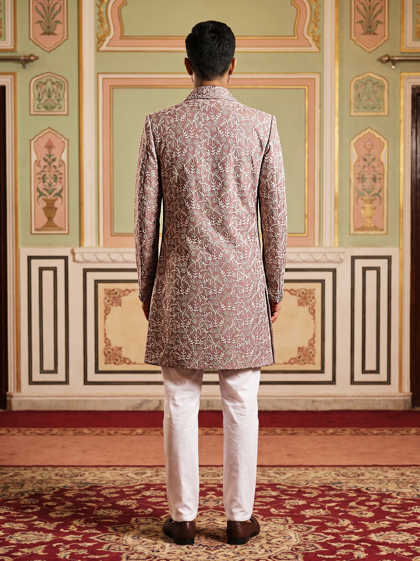Men Silk Blend Embroidered Indo-Western Set ( 50JIND P5W 236Magenta )