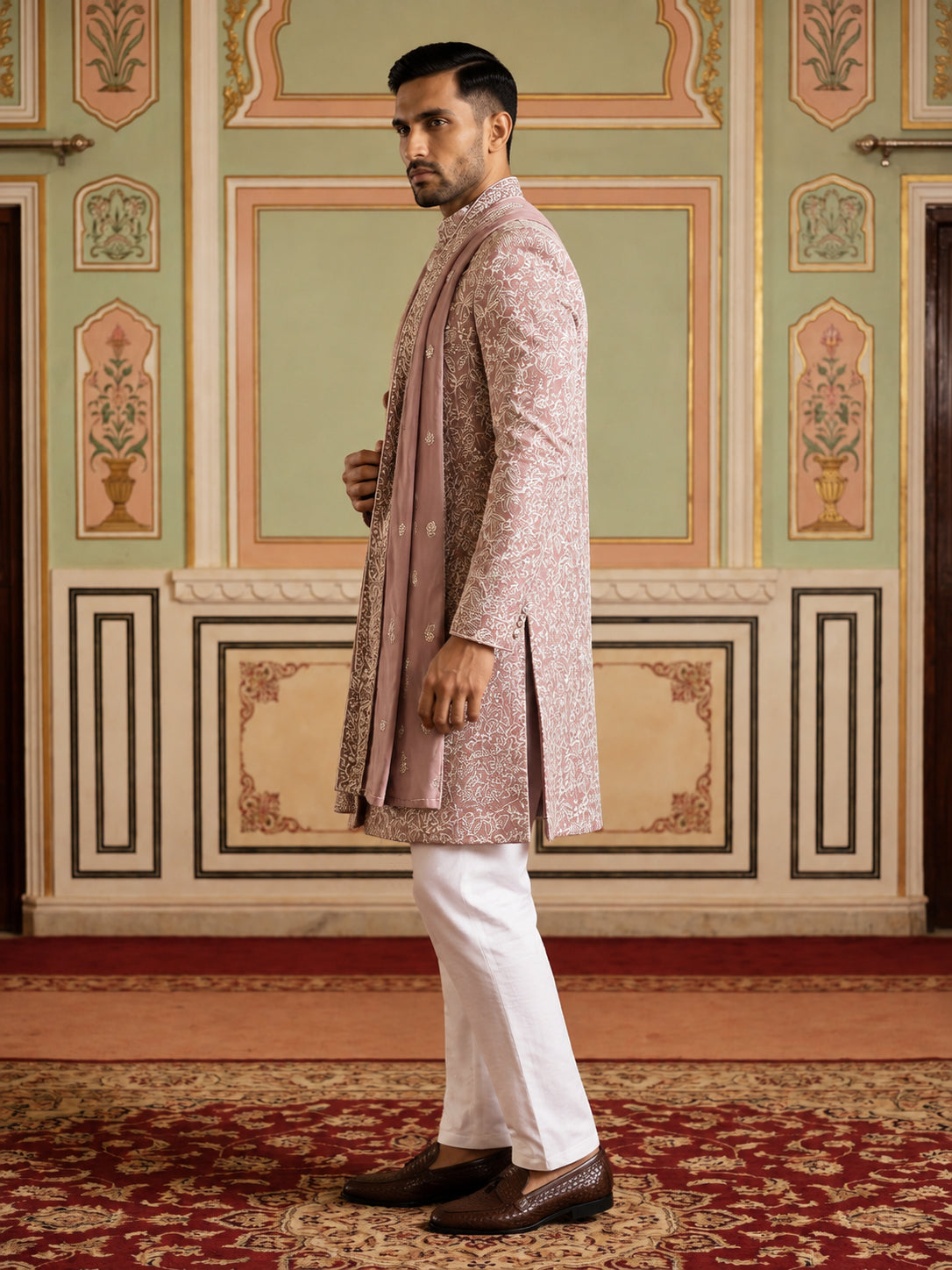 Men Silk Blend Embroidered Indo-Western Set ( 50JIND P5W 236Magenta )