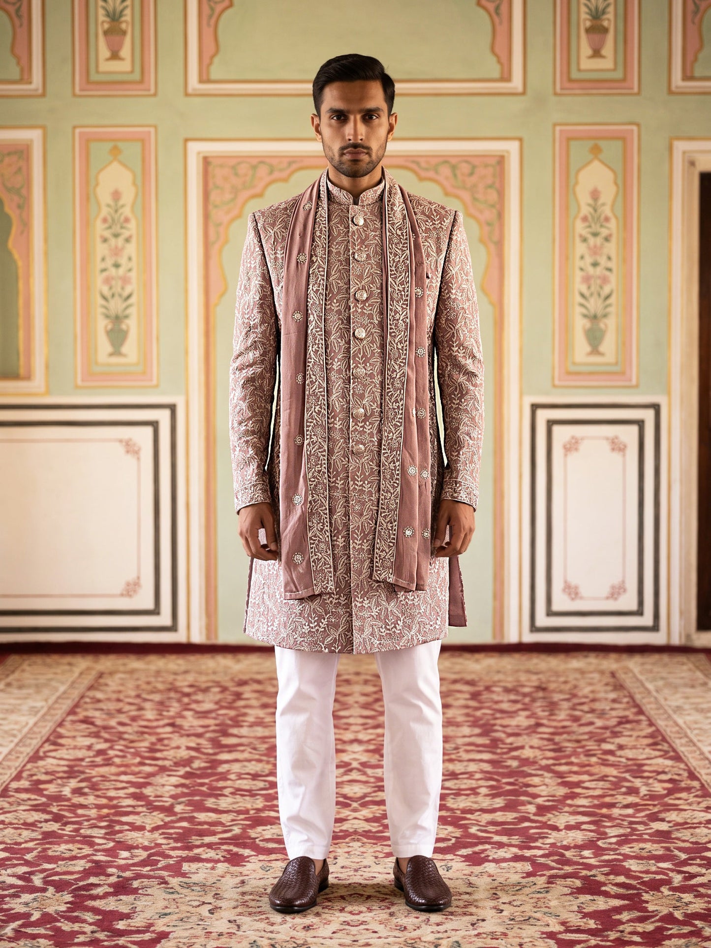Men Silk Blend Embroidered Indo-Western Set ( 50JIND P5W 236Magenta )