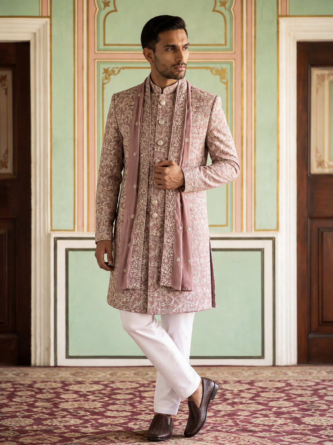 Men Silk Blend Embroidered Indo-Western Set ( 50JIND P5W 236Magenta )