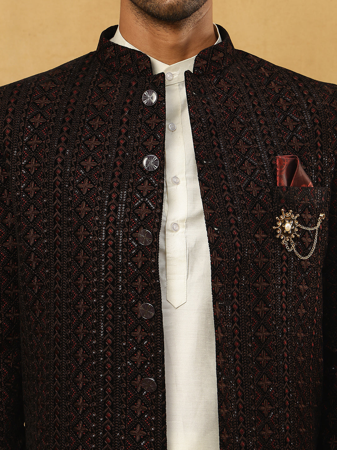 Men’s Maroon Velvet Embroidered Indo-Western Set ( 50JIND 592W 103Maroon )