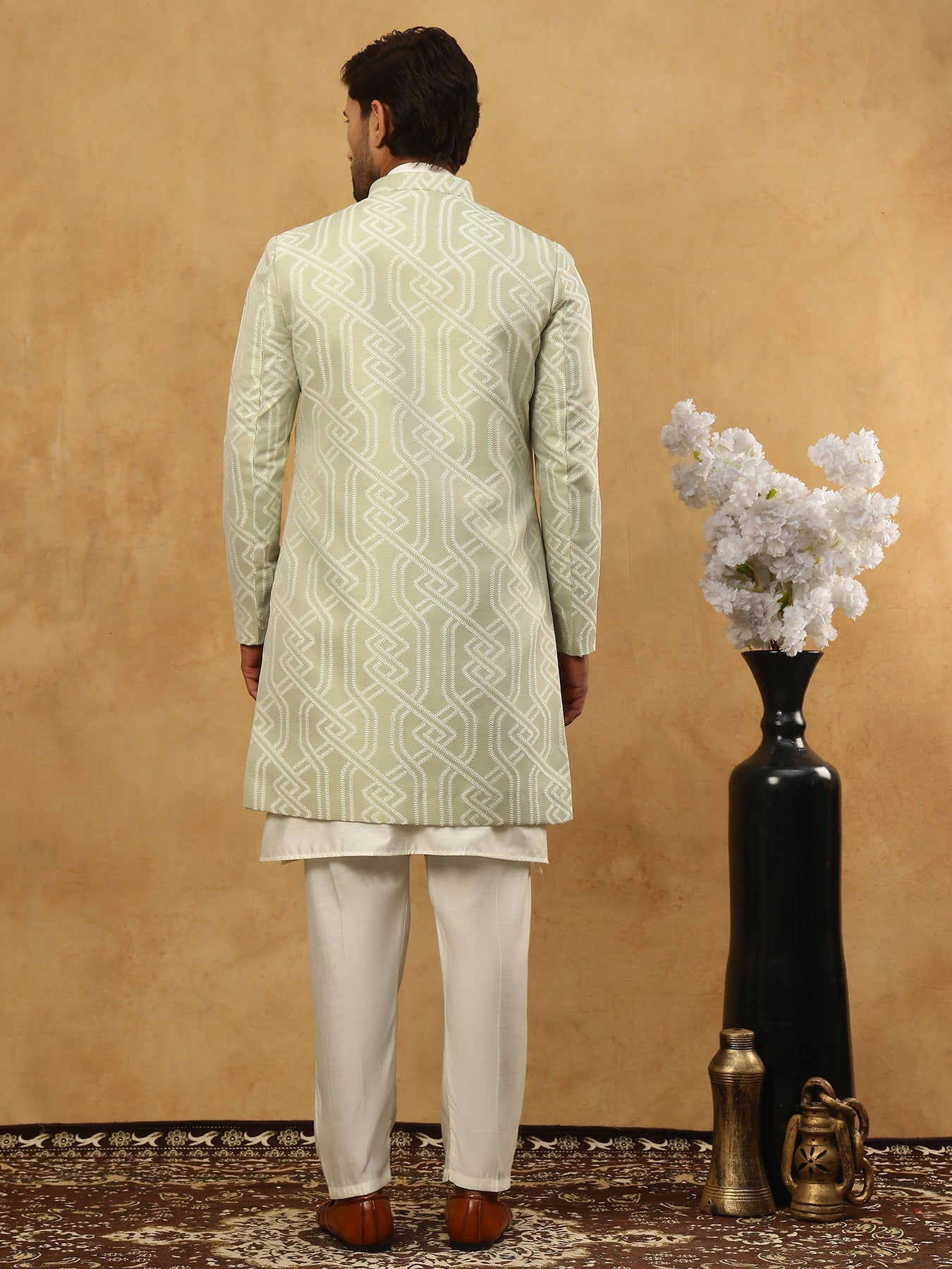 Jacquard Silk Embroidered Indo-Western Set ( 50JIND 592W 135Pista )
