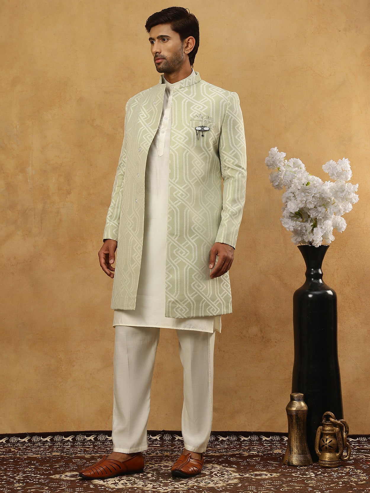 Jacquard Silk Embroidered Indo-Western Set ( 50JIND 592W 135Pista )