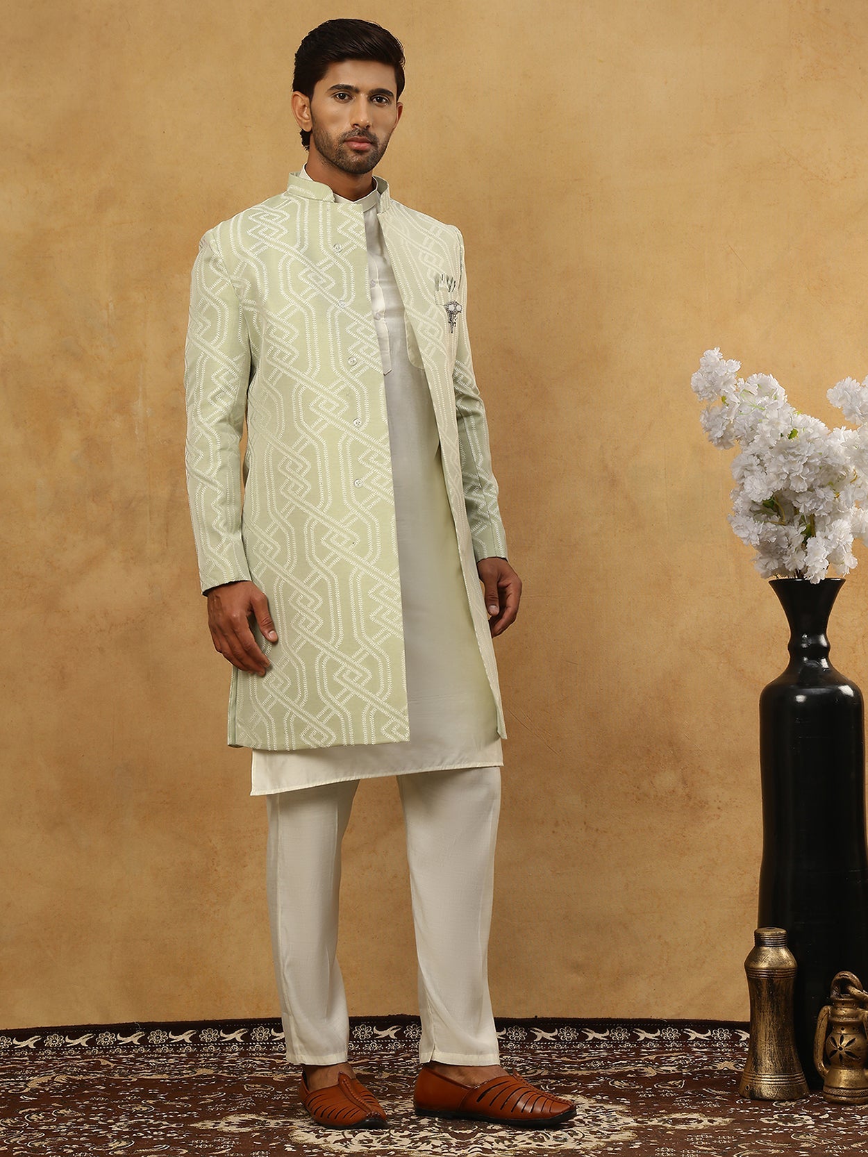 Jacquard Silk Embroidered Indo-Western Set ( 50JIND 592W 135Pista )