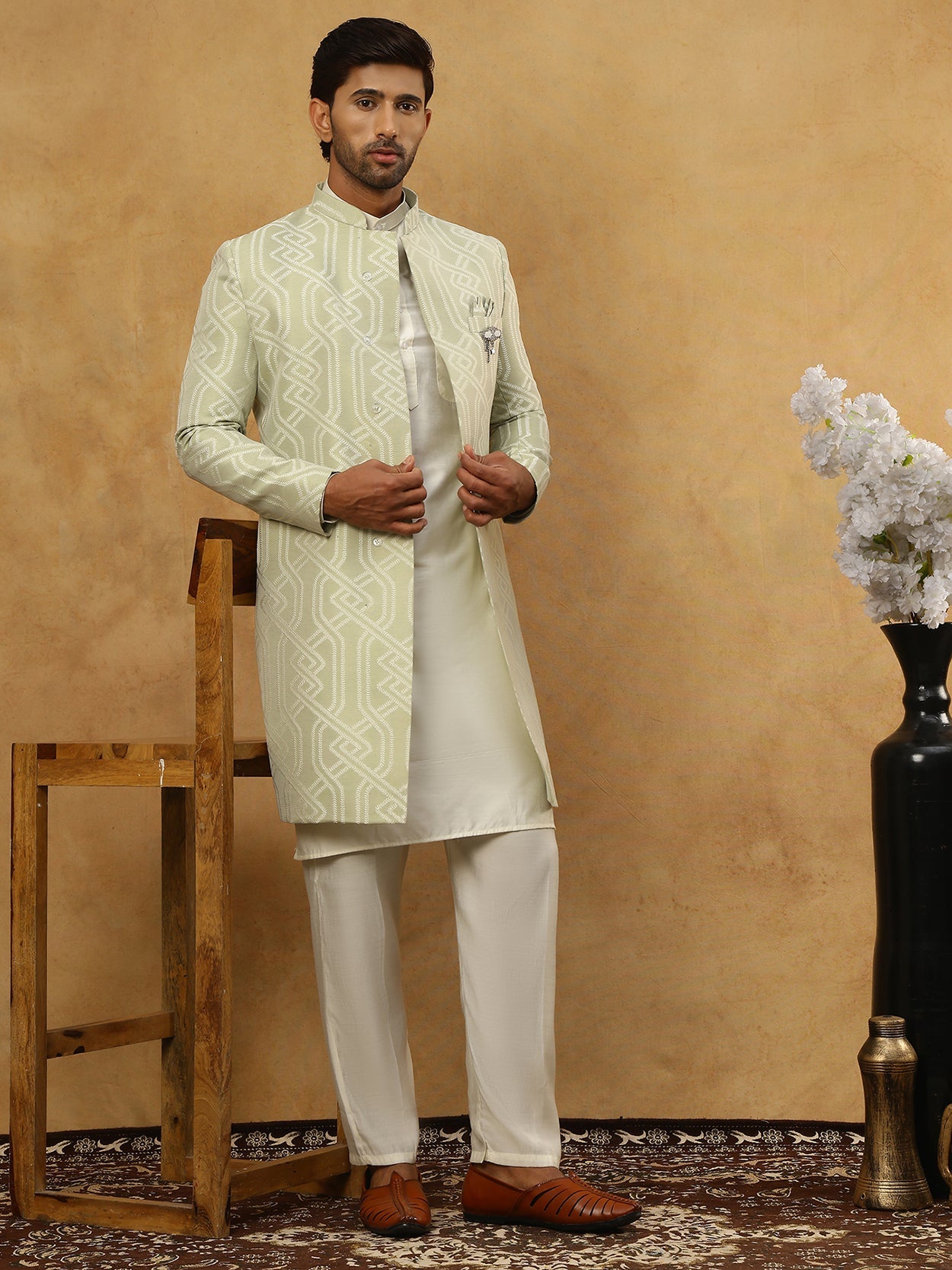 Jacquard Silk Embroidered Indo-Western Set ( 50JIND 592W 135Pista )
