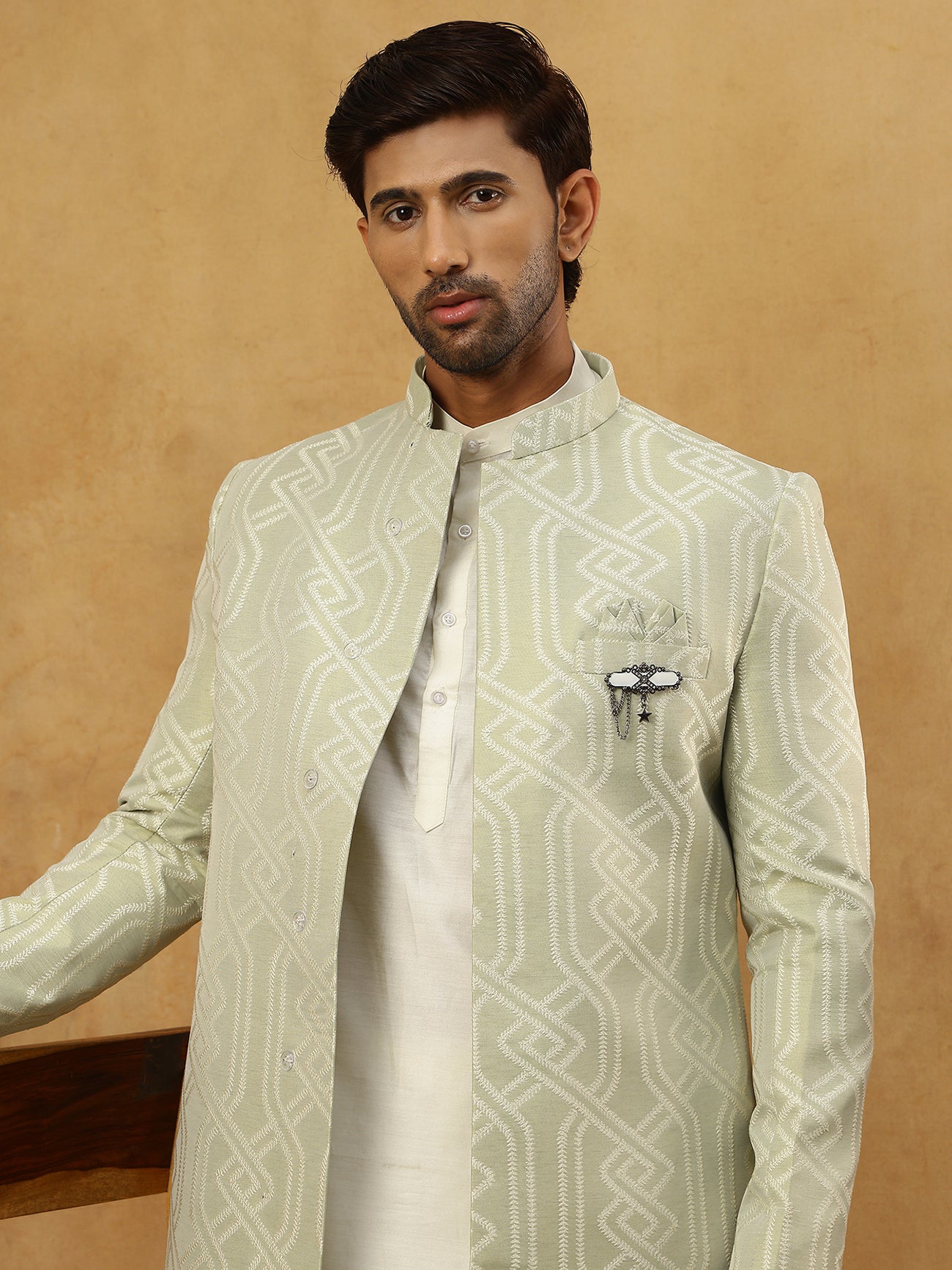 Jacquard Silk Embroidered Indo-Western Set ( 50JIND 592W 135Pista )