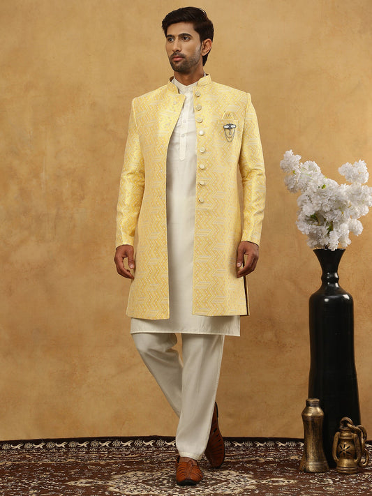 Jacquard Silk Embroidered Indo-Western Set ( 50JIND 592W 137Yellow )