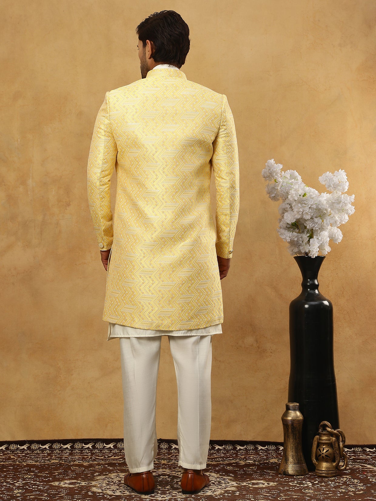 Jacquard Silk Embroidered Indo-Western Set ( 50JIND 592W 137Yellow )