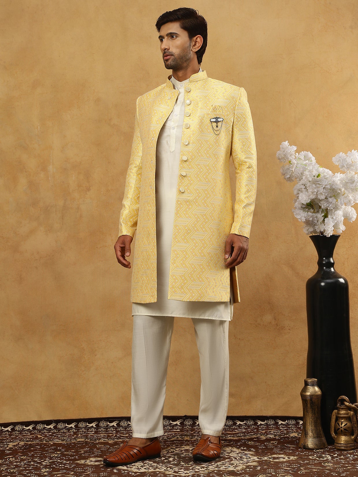 Jacquard Silk Embroidered Indo-Western Set ( 50JIND 592W 137Yellow )