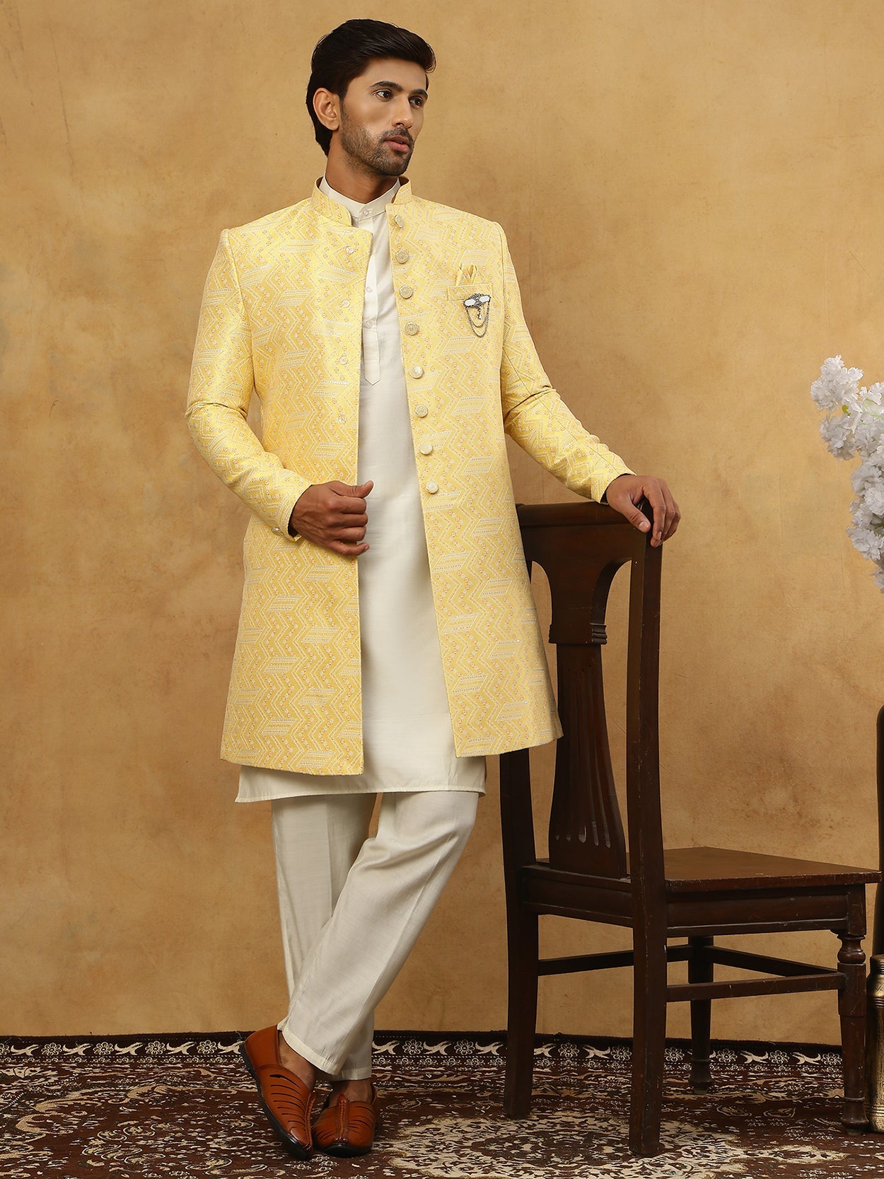 Jacquard Silk Embroidered Indo-Western Set ( 50JIND 592W 137Yellow )