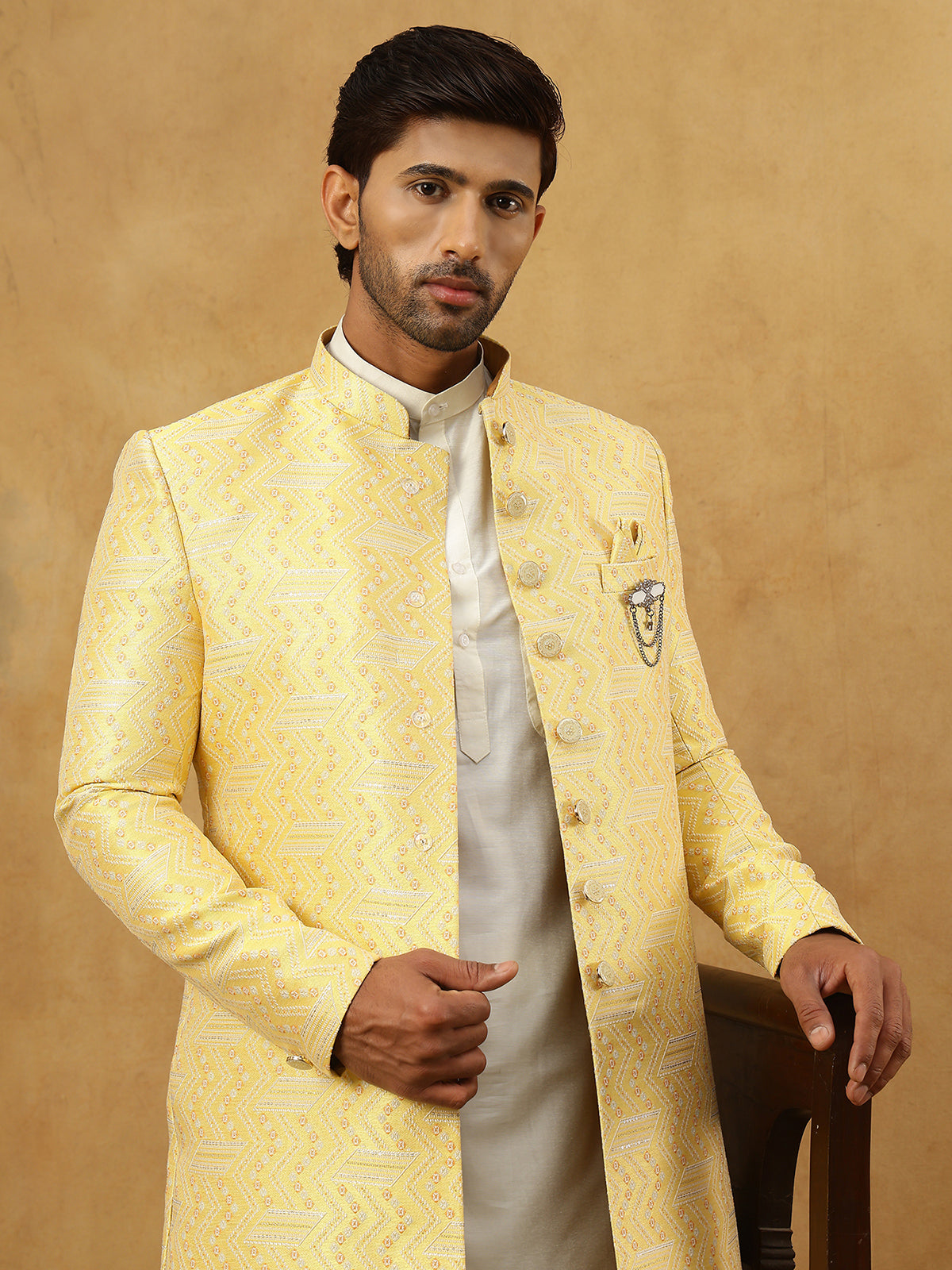 Jacquard Silk Embroidered Indo-Western Set ( 50JIND 592W 137Yellow )