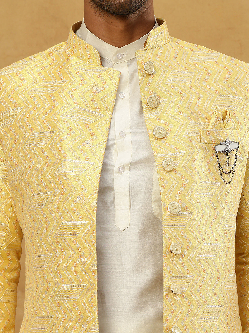 Jacquard Silk Embroidered Indo-Western Set ( 50JIND 592W 137Yellow )