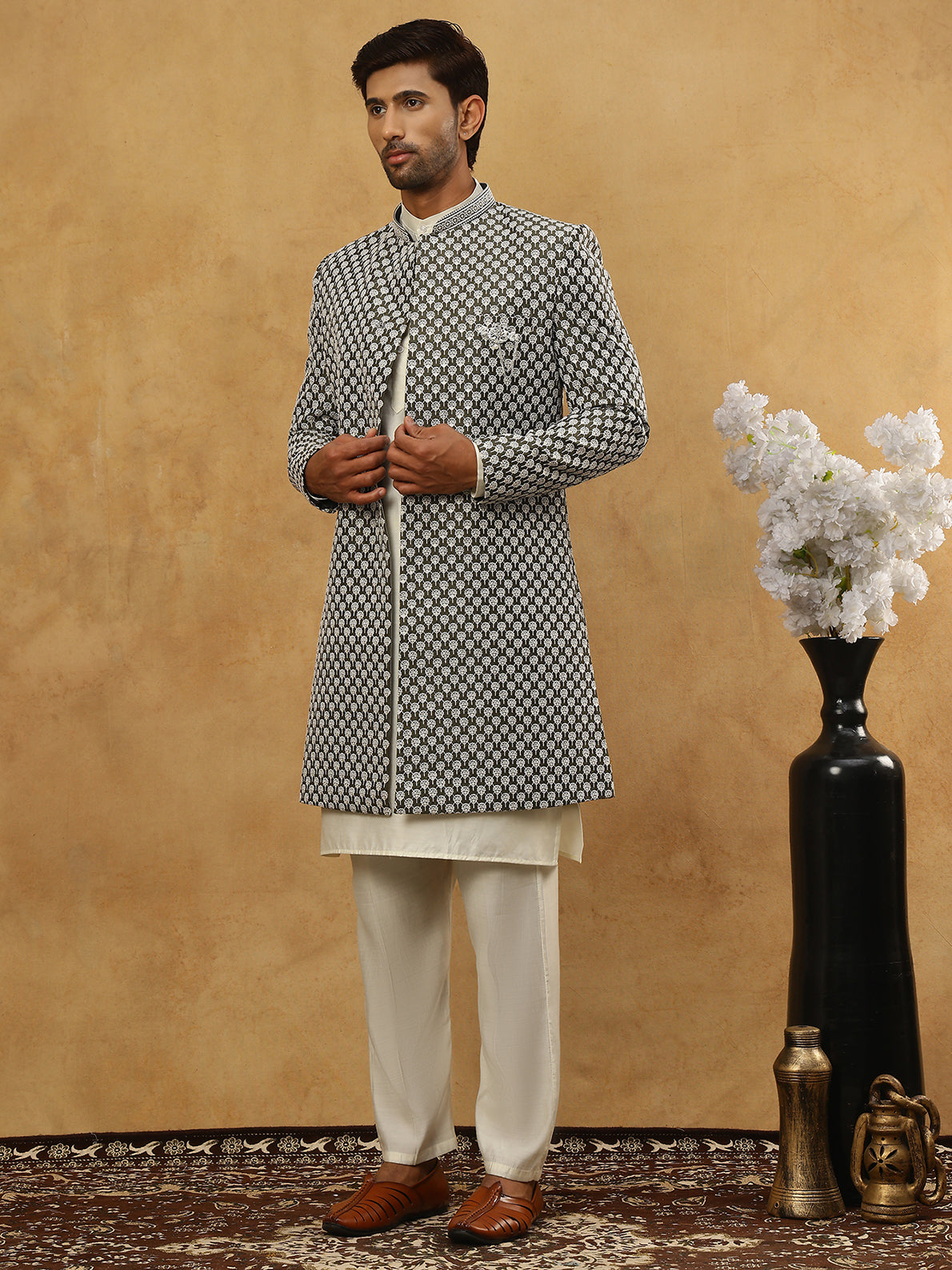 Premium Embroidered Indo-Western Set for Men ( 50JIND 592W 138Olive )