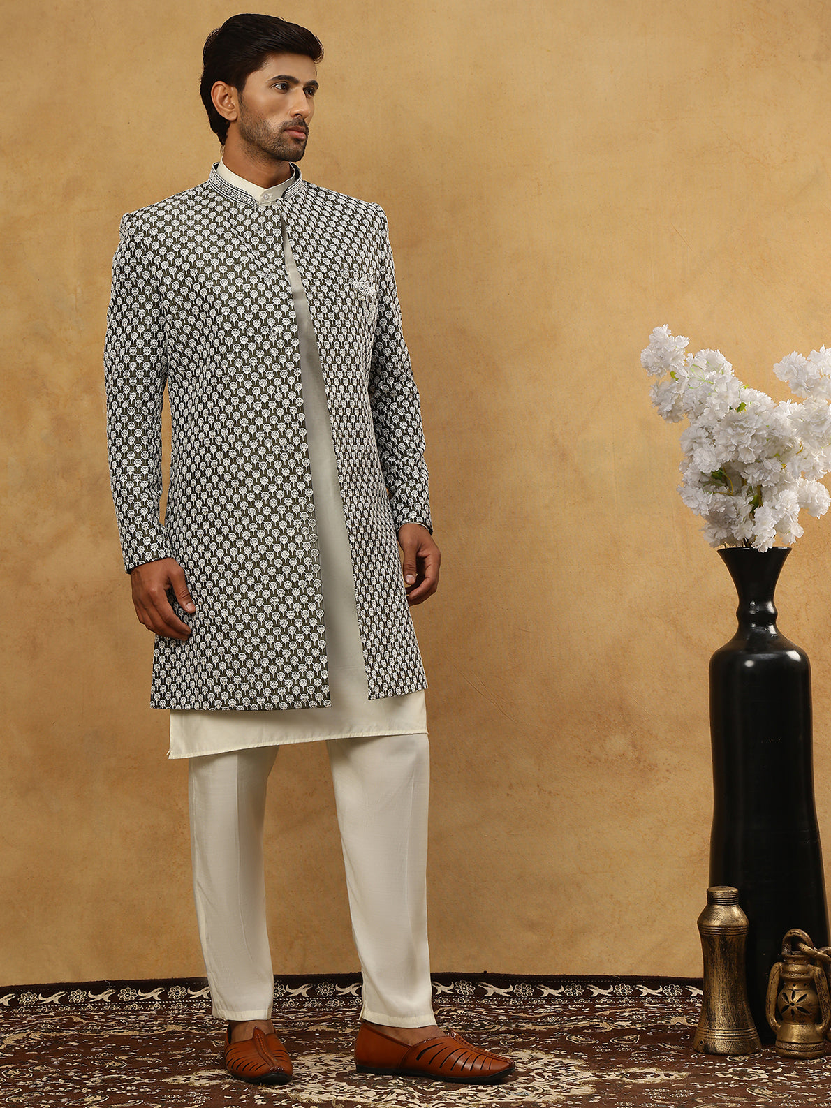 Premium Embroidered Indo-Western Set for Men ( 50JIND 592W 138Olive )