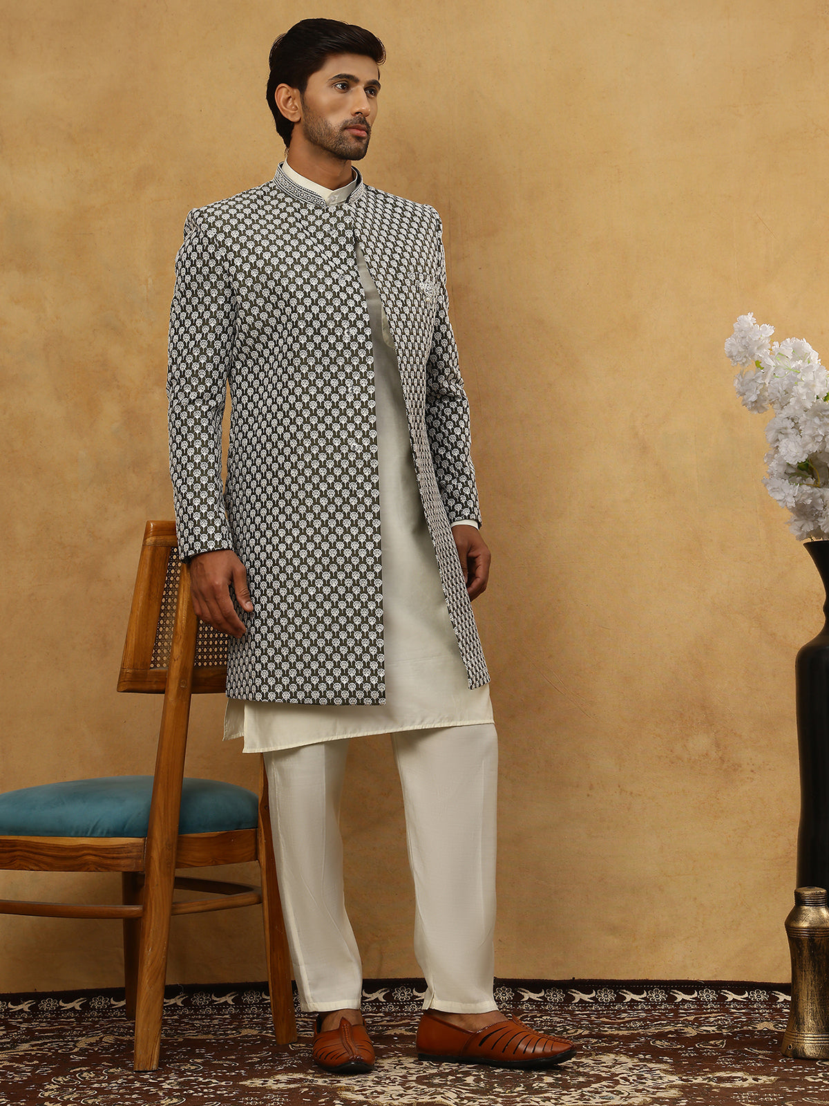 Premium Embroidered Indo-Western Set for Men ( 50JIND 592W 138Olive )