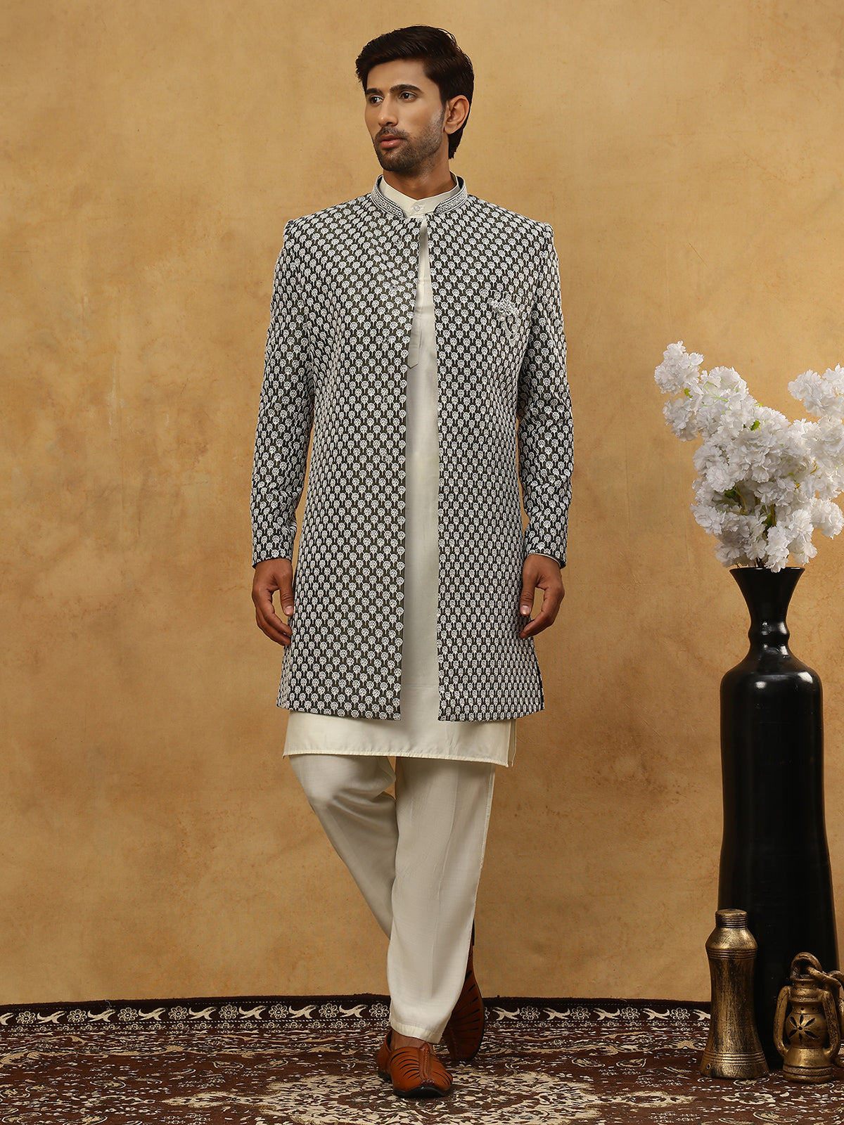 Premium Embroidered Indo-Western Set for Men ( 50JIND 592W 138Olive )