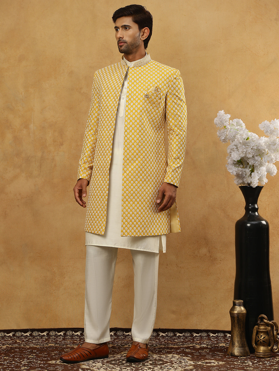 Premium Embroidered Indo-Western Set for Men ( 50JIND 592W 138Yellow )