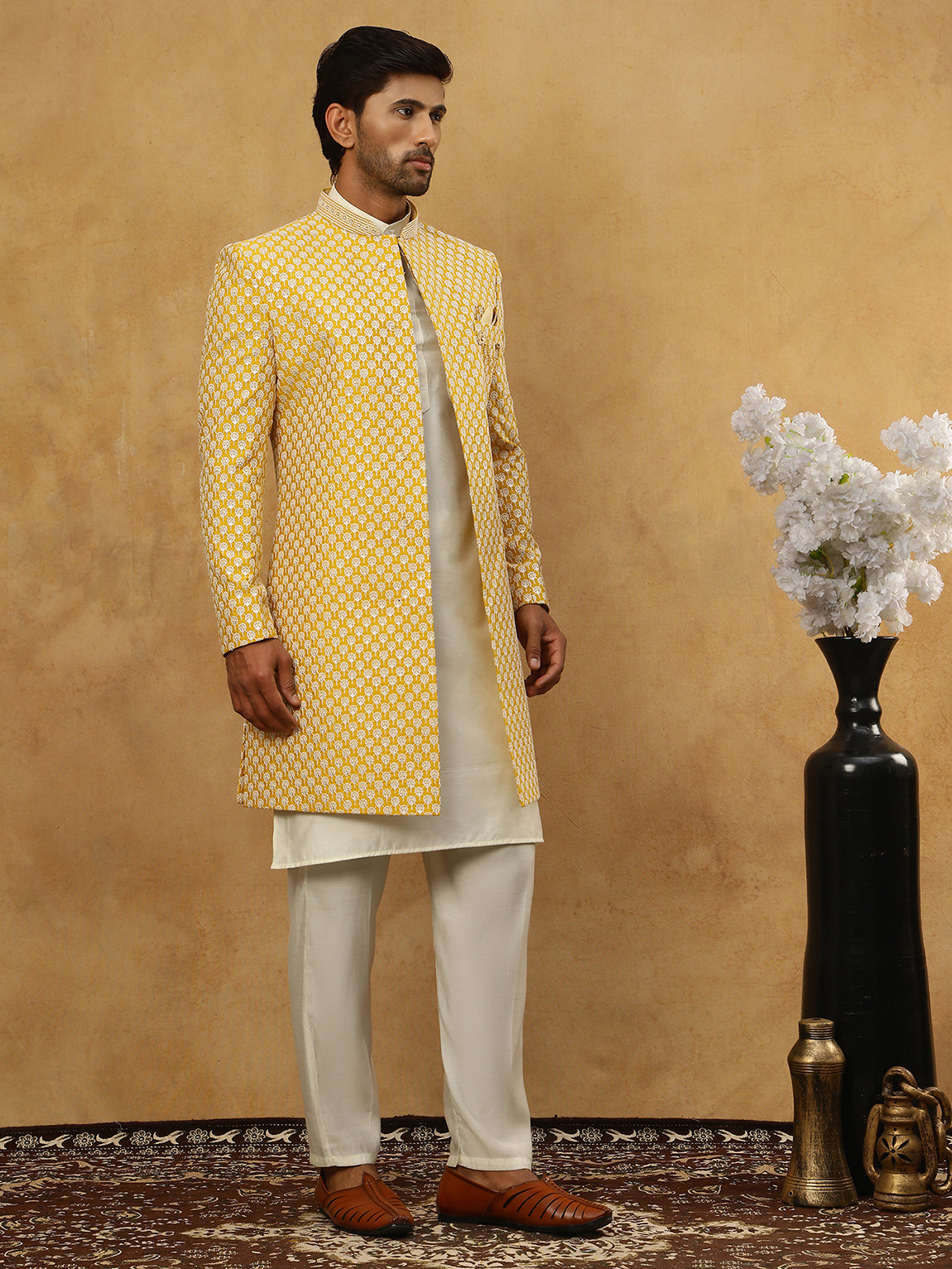 Premium Embroidered Indo-Western Set for Men ( 50JIND 592W 138Yellow )