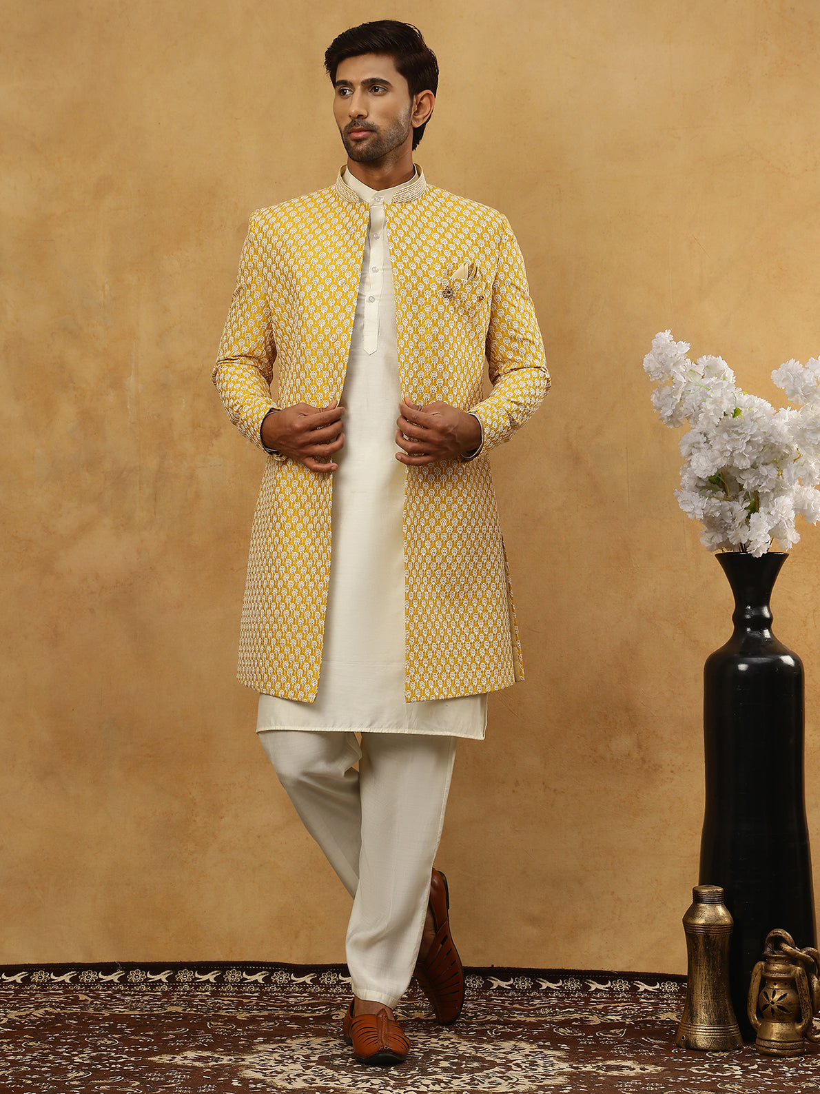 Premium Embroidered Indo-Western Set for Men ( 50JIND 592W 138Yellow )
