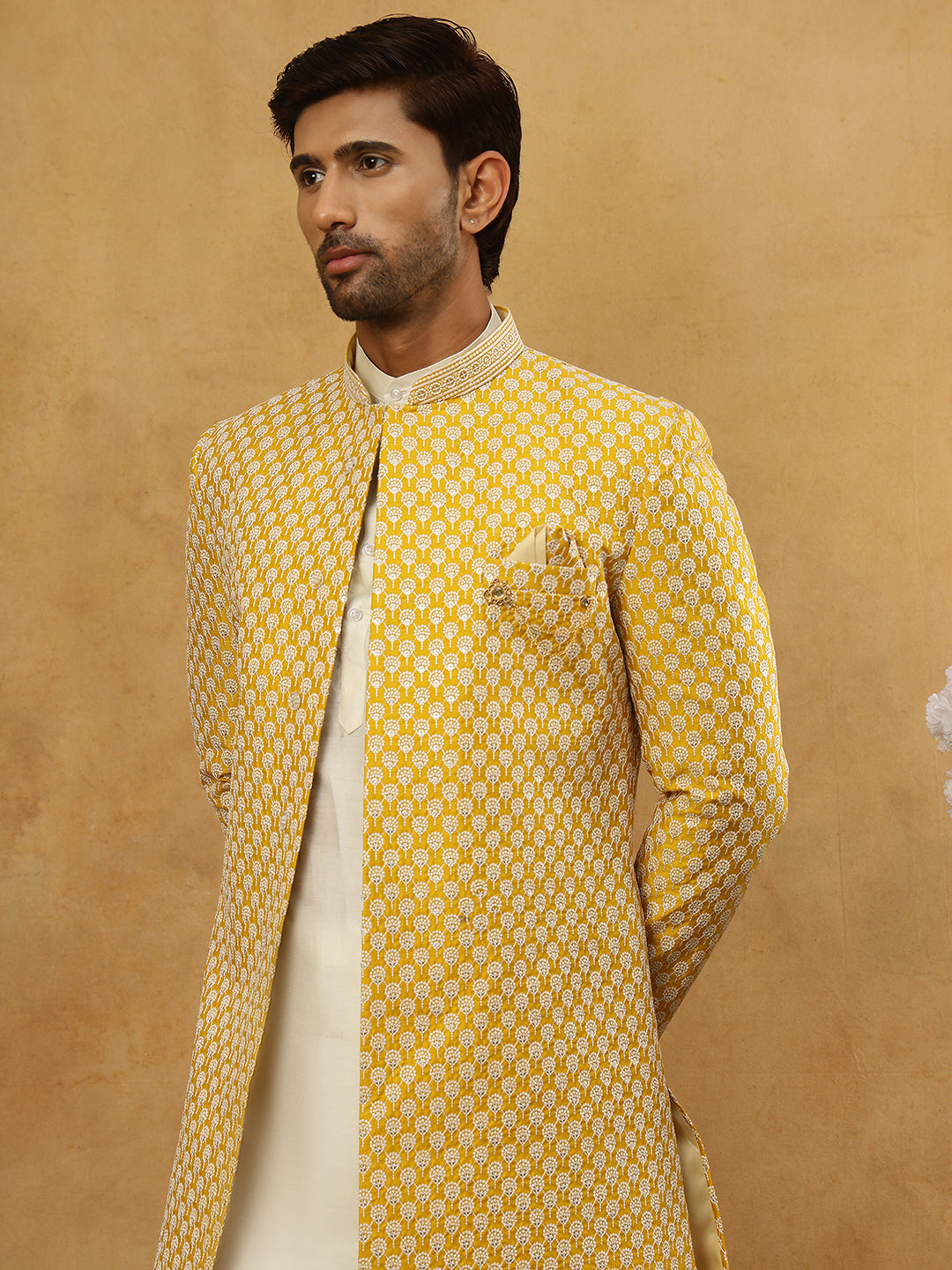 Premium Embroidered Indo-Western Set for Men ( 50JIND 592W 138Yellow )