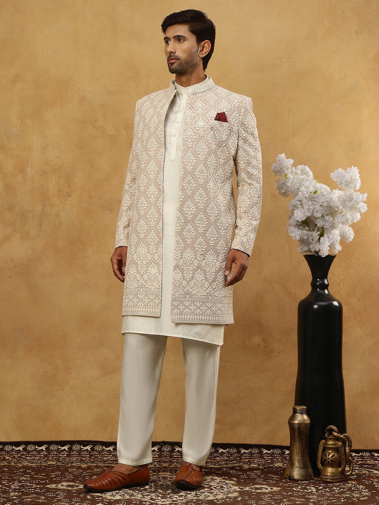 Cotton Blend Embroidered Indo-Western Set ( 50JIND 592W 149Beige )