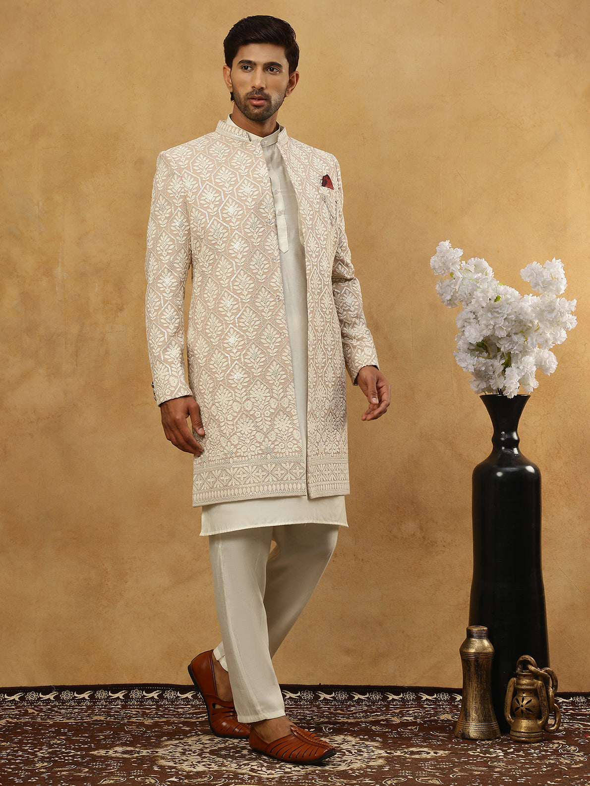 Cotton Blend Embroidered Indo-Western Set ( 50JIND 592W 149Beige )