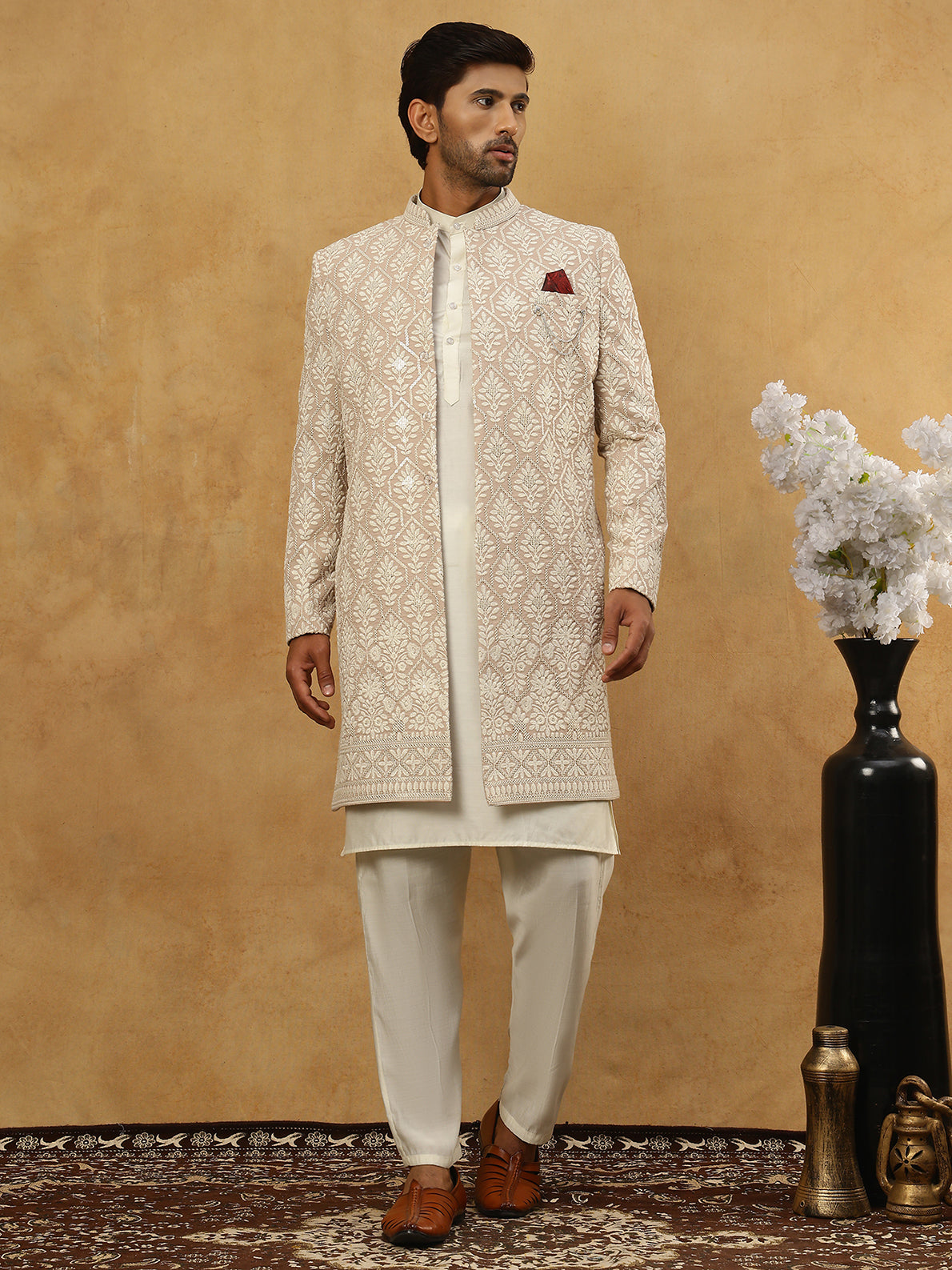 Cotton Blend Embroidered Indo-Western Set ( 50JIND 592W 149Beige )