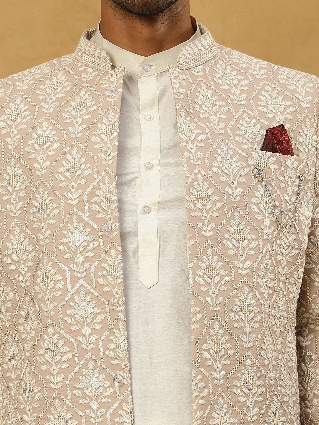 Cotton Blend Embroidered Indo-Western Set ( 50JIND 592W 149Beige )