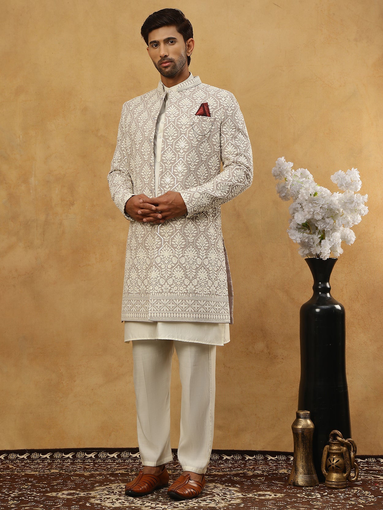 Cotton Blend Embroidered Indo-Western Set ( 50JIND 592W 149Grey )