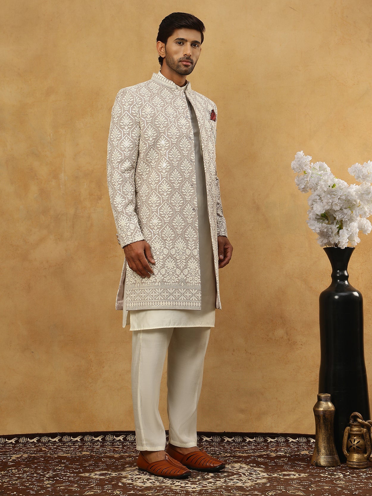 Cotton Blend Embroidered Indo-Western Set ( 50JIND 592W 149Grey )