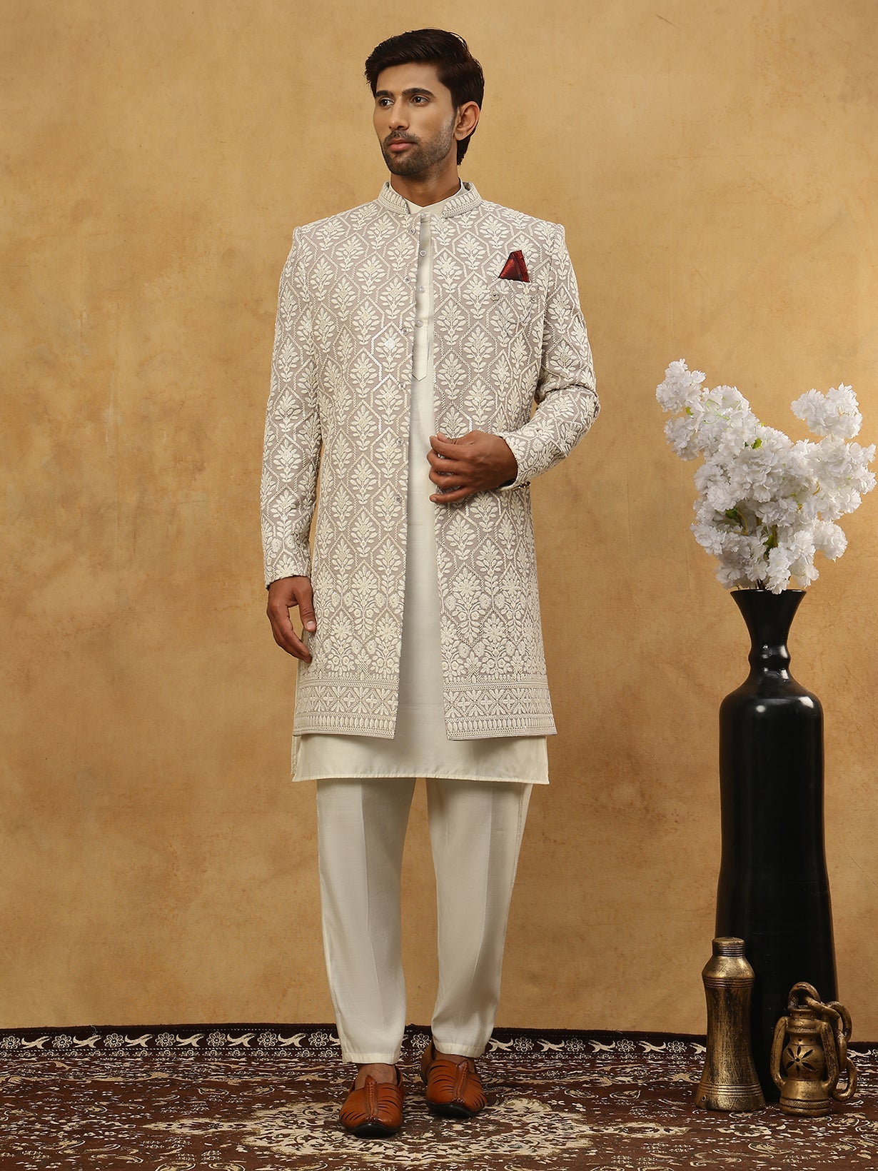 Cotton Blend Embroidered Indo-Western Set ( 50JIND 592W 149Grey )