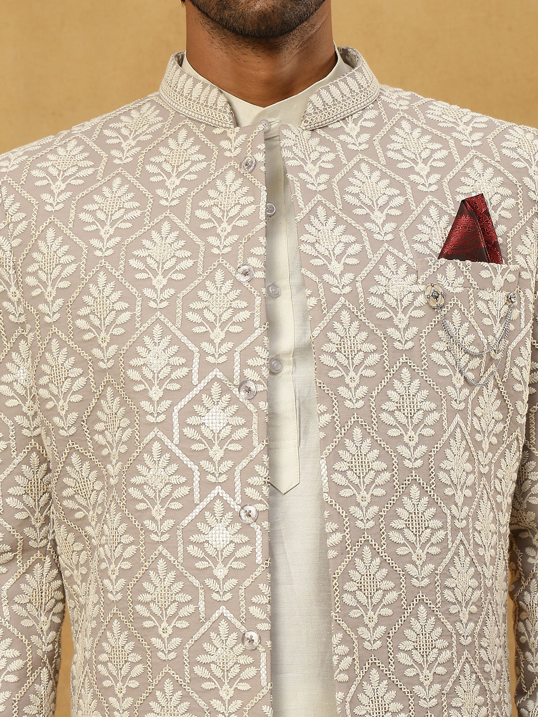 Cotton Blend Embroidered Indo-Western Set ( 50JIND 592W 149Grey )