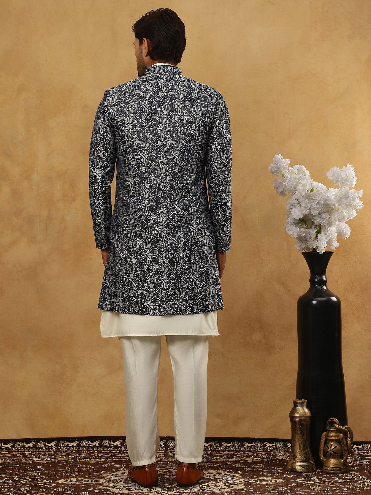 Men’s Woven Silk Jacquard Indo-Western Set ( 50JIND 592W 164Grey )