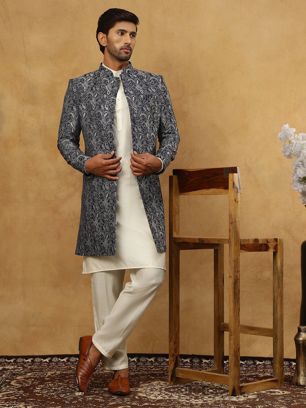 Men’s Woven Silk Jacquard Indo-Western Set ( 50JIND 592W 164Grey )