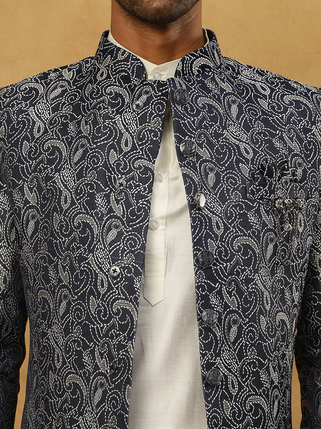 Men’s Woven Silk Jacquard Indo-Western Set ( 50JIND 592W 164Grey )