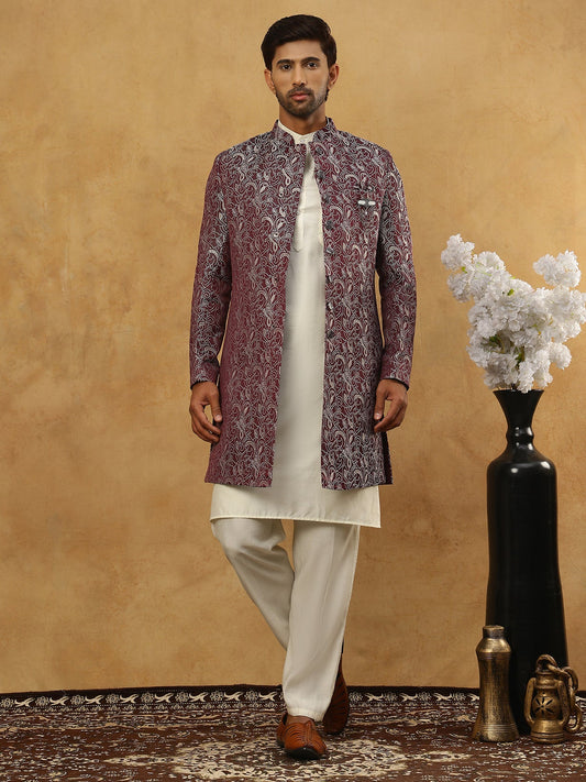 Men’s Woven Silk Jacquard Indo-Western Set ( 50JIND 592W 164Maroon )