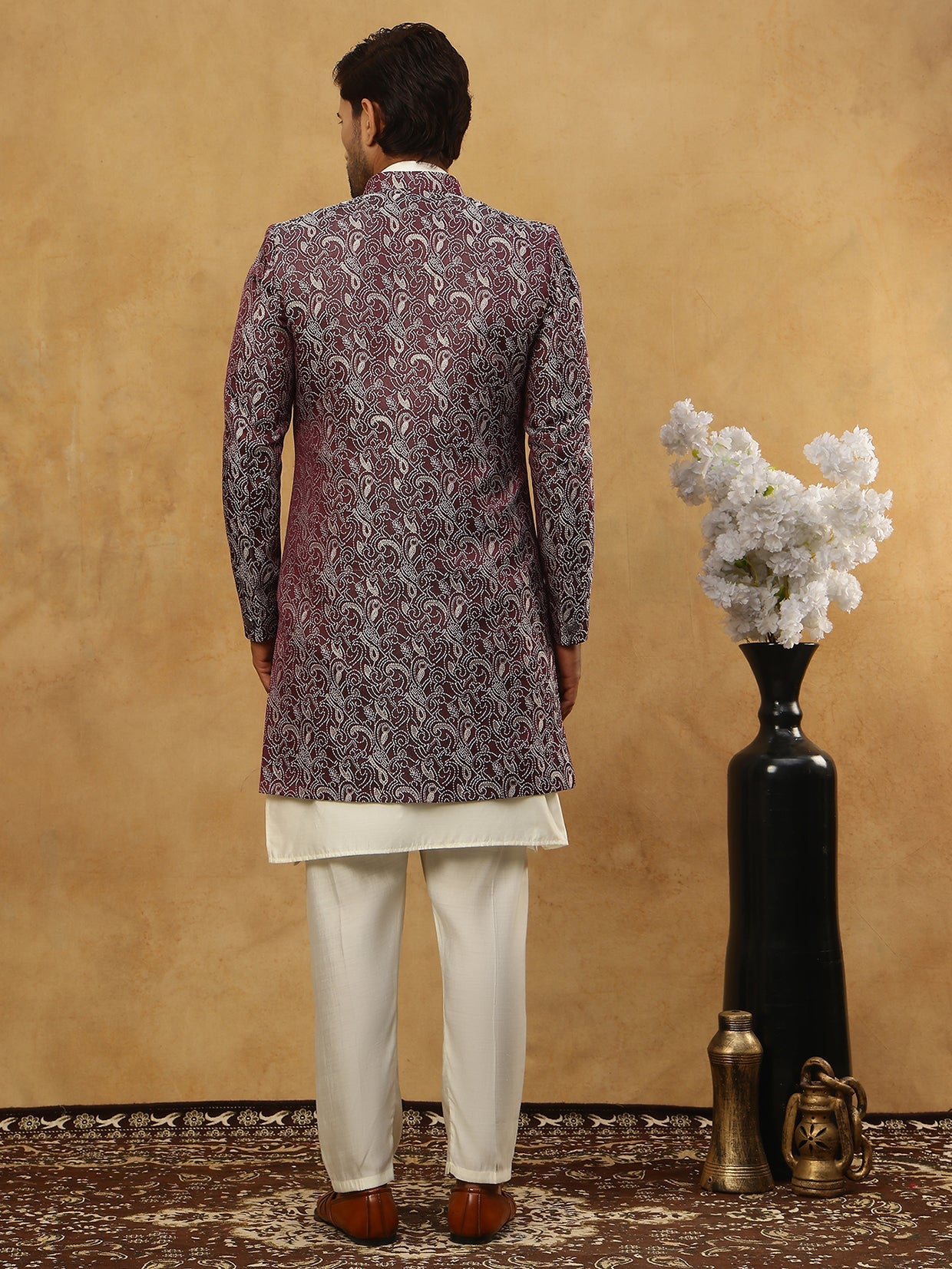 Men’s Woven Silk Jacquard Indo-Western Set ( 50JIND 592W 164Maroon )